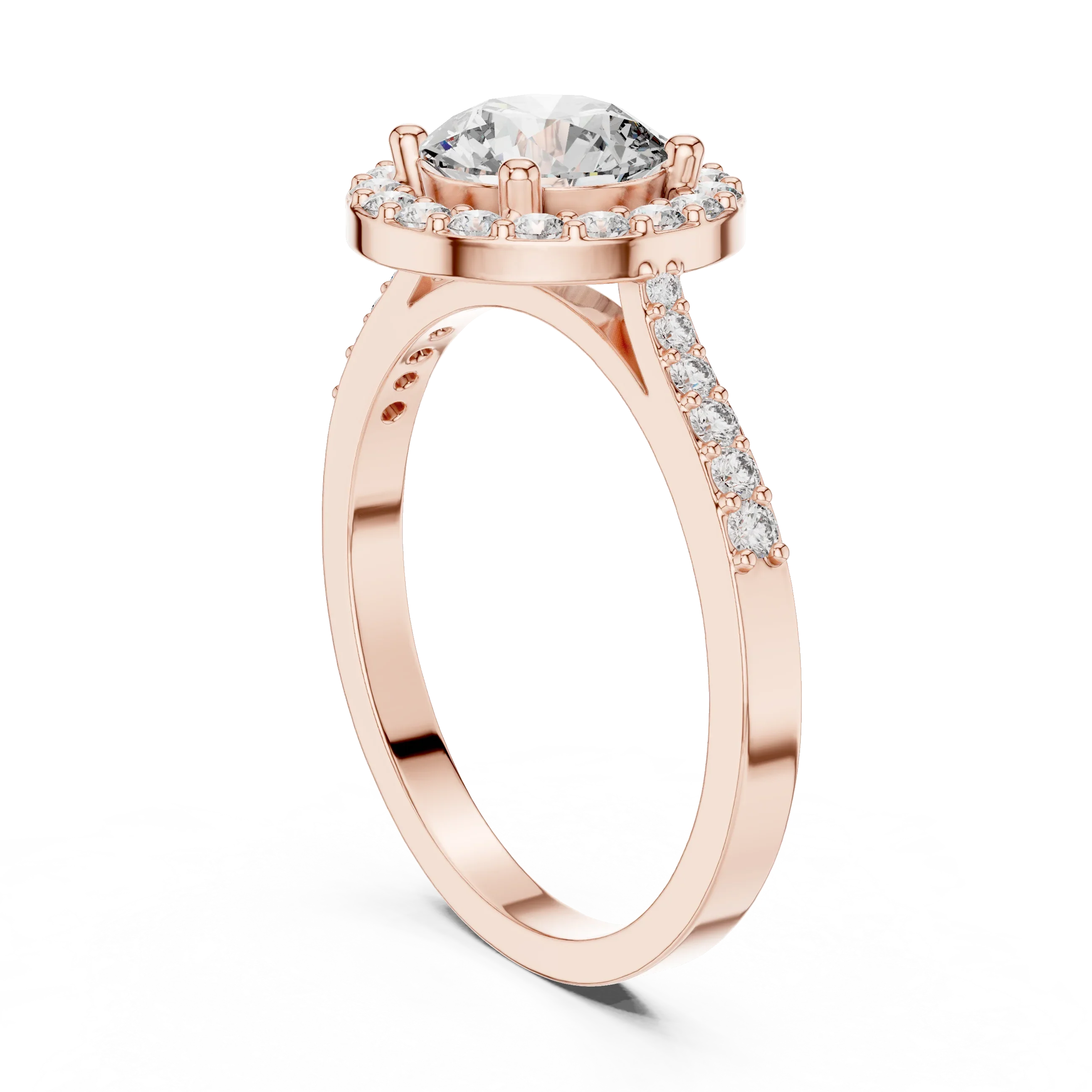 Round Diamond Double Halo Engagement Ring with Pave Band
