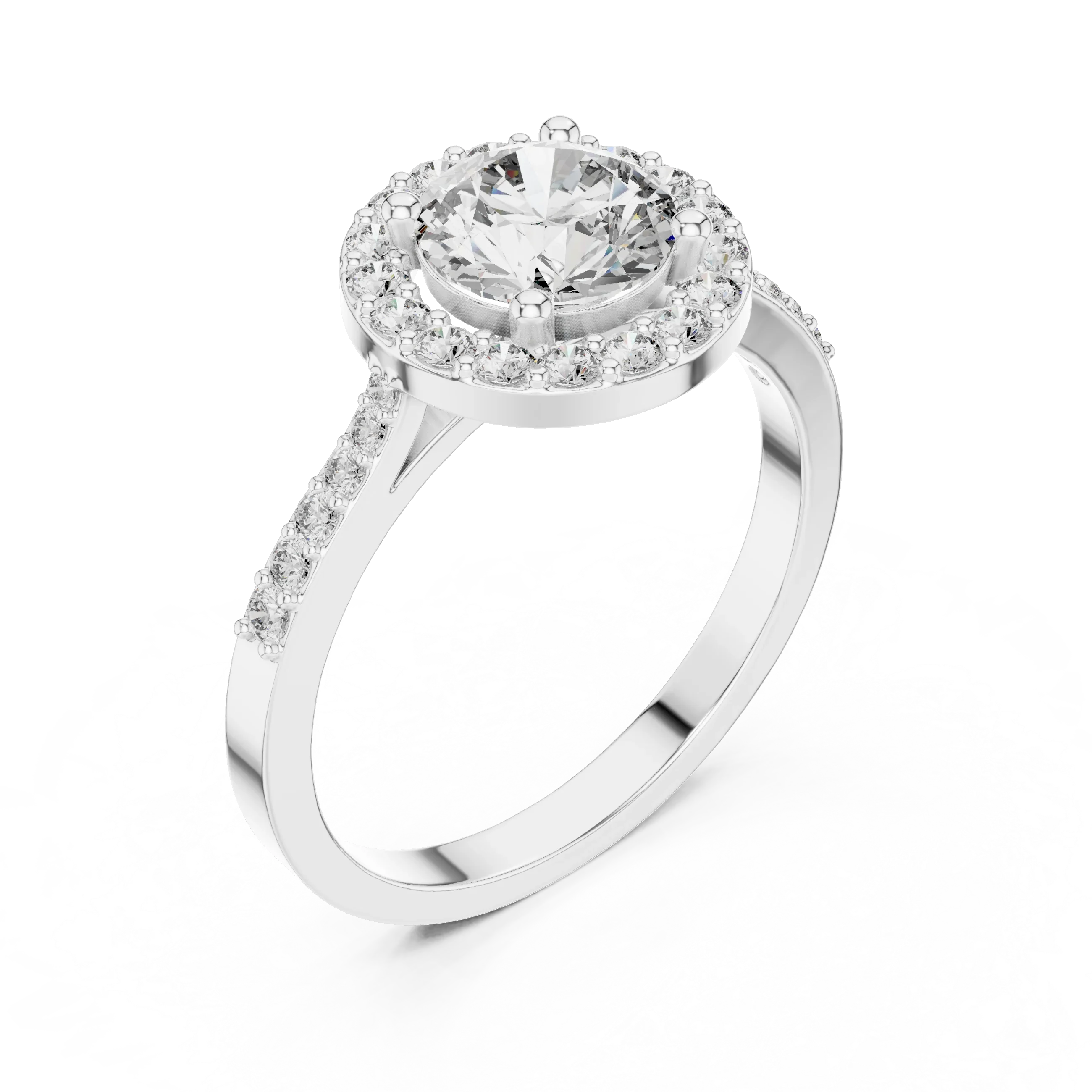 Round Diamond Double Halo Engagement Ring with Pave Band