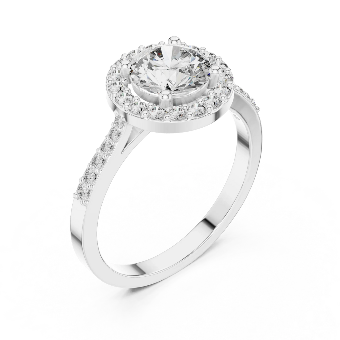 Round Diamond Double Halo Engagement Ring with Pave Band