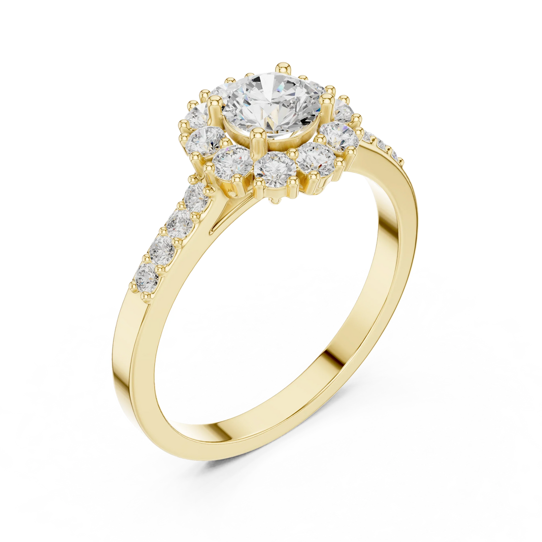 Round Diamond Halo Engagement Ring with Pave Band
