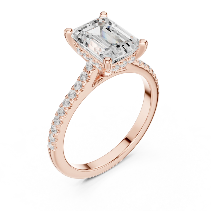 Emerald-Cut Diamond Hidden Halo Engagement Ring with Pave Band
