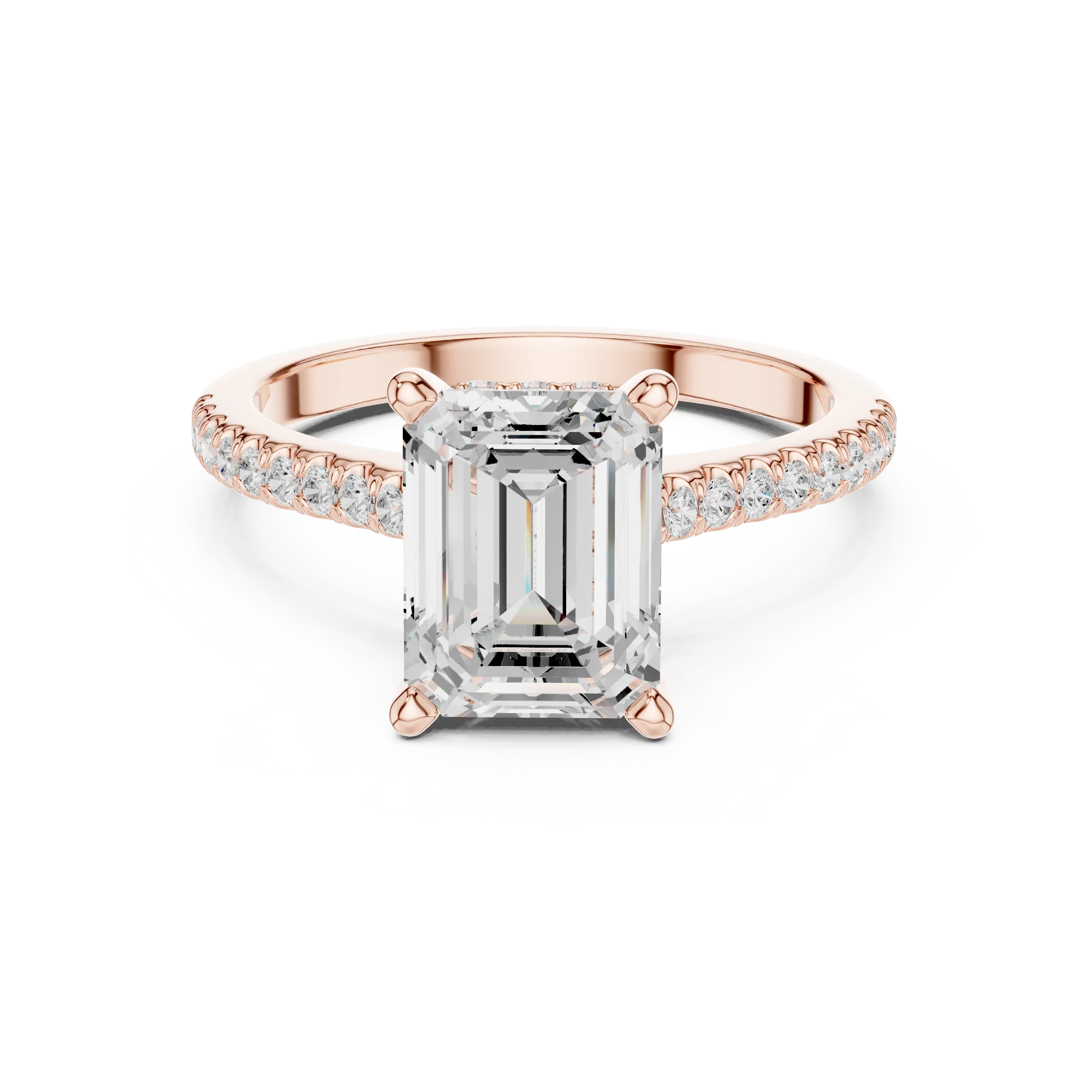 Emerald-Cut Diamond Hidden Halo Engagement Ring with Pave Band