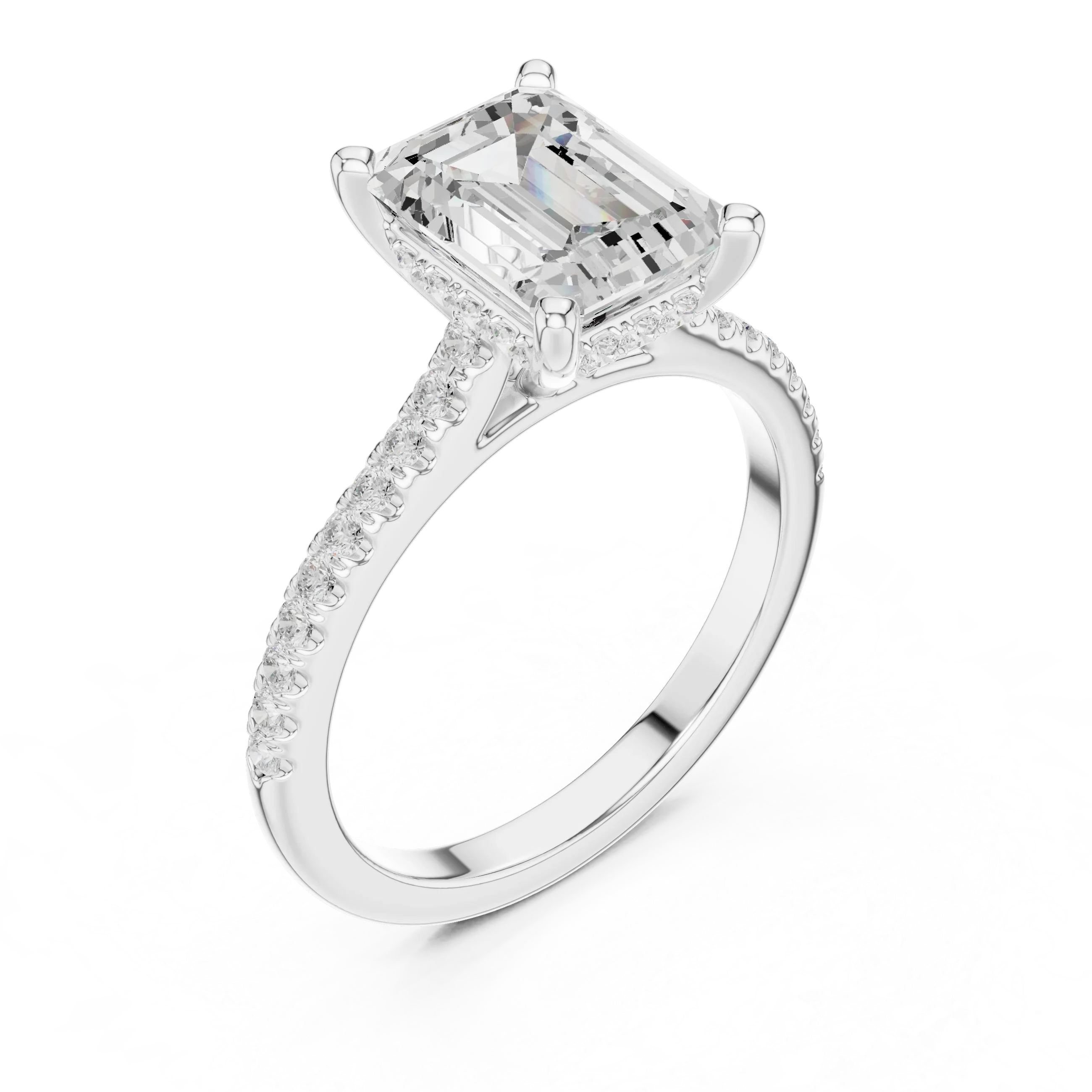 Emerald-Cut Diamond Hidden Halo Engagement Ring with Pave Band