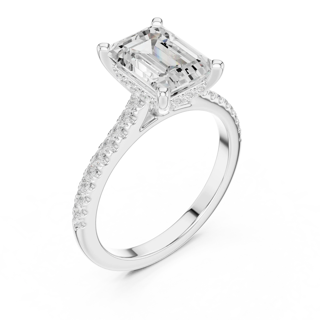Emerald-Cut Diamond Hidden Halo Engagement Ring with Pave Band