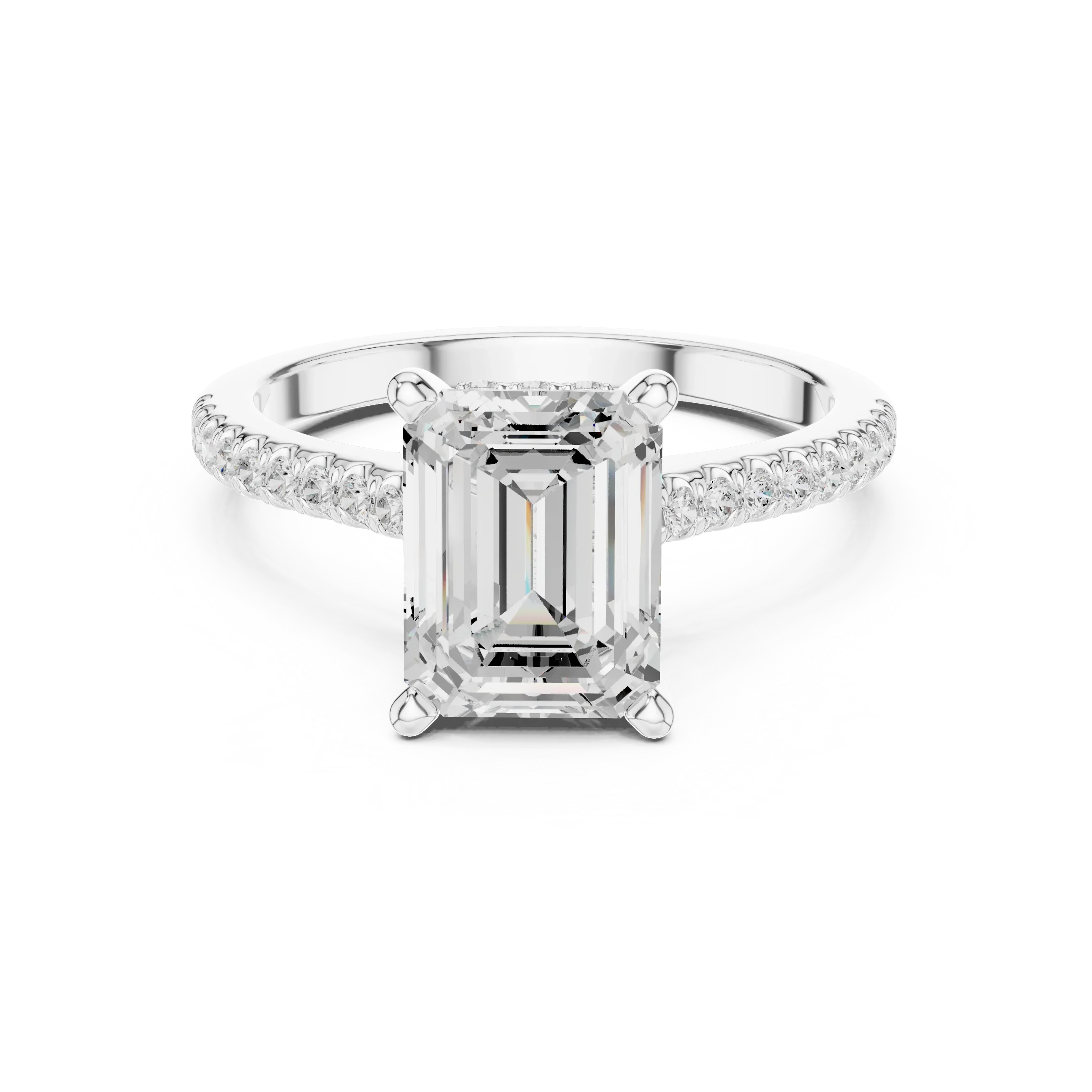 Emerald-Cut Diamond Hidden Halo Engagement Ring with Pave Band