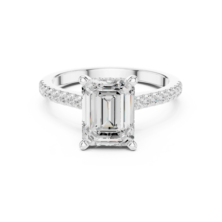 Emerald-Cut Diamond Hidden Halo Engagement Ring with Pave Band