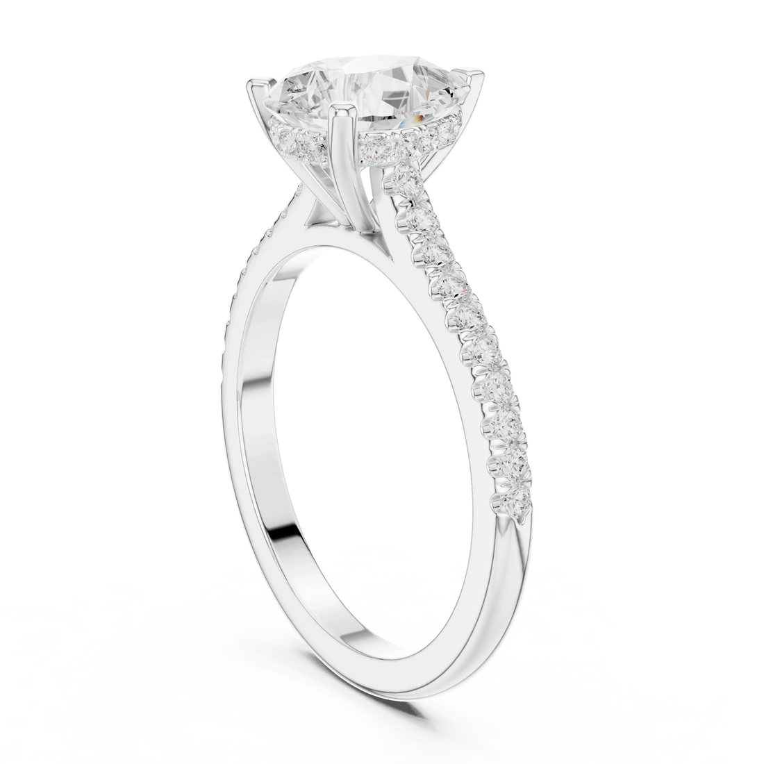 Pear-Cut Diamond Hidden Halo Engagement Ring with Pave Band