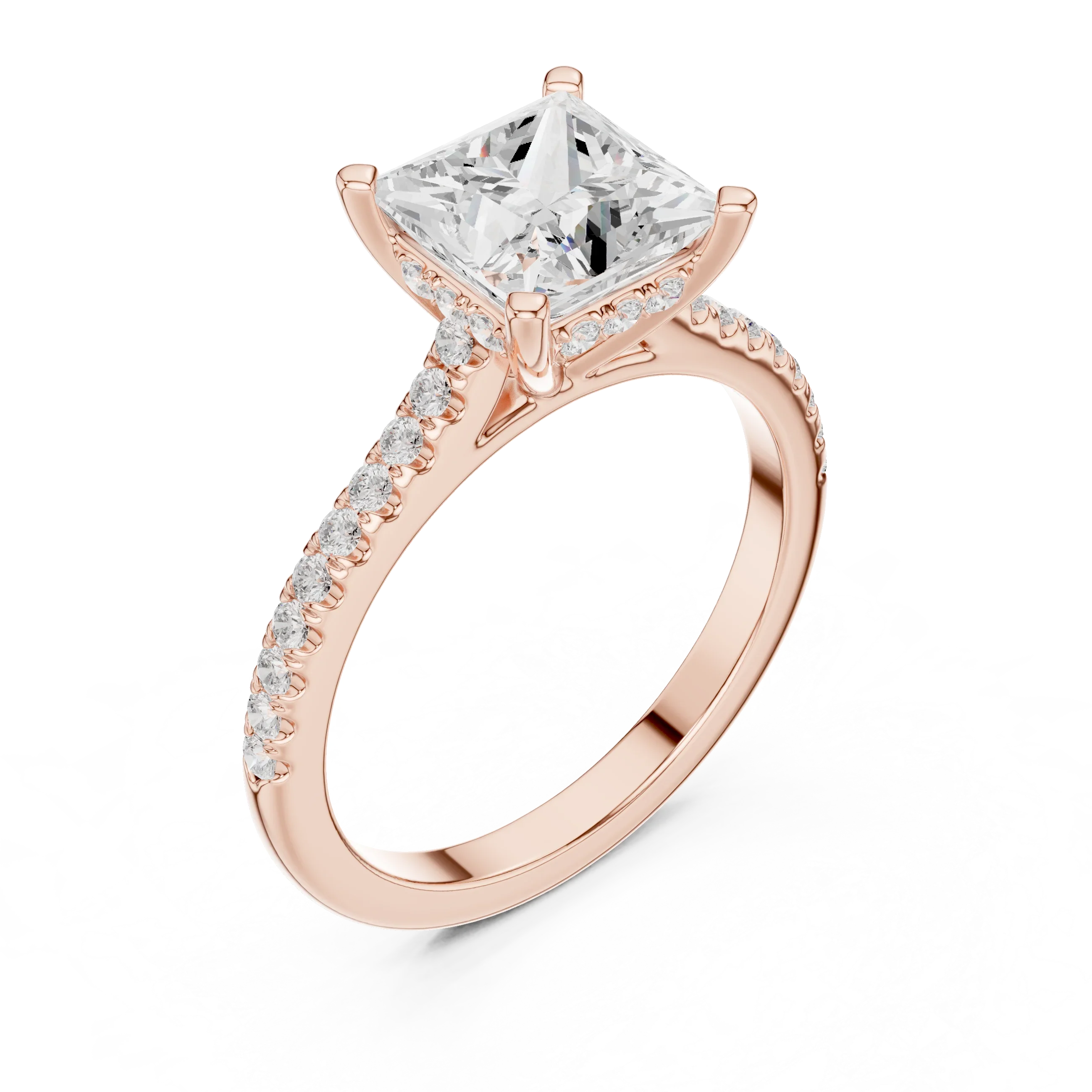 Princess-Cut Diamond Hidden Halo Engagement Ring with Pave Band