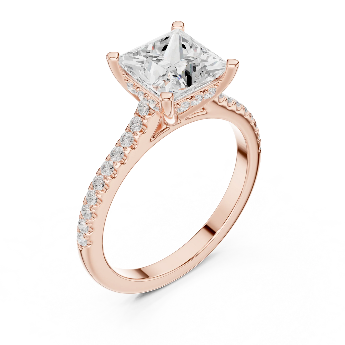 Princess-Cut Diamond Hidden Halo Engagement Ring with Pave Band