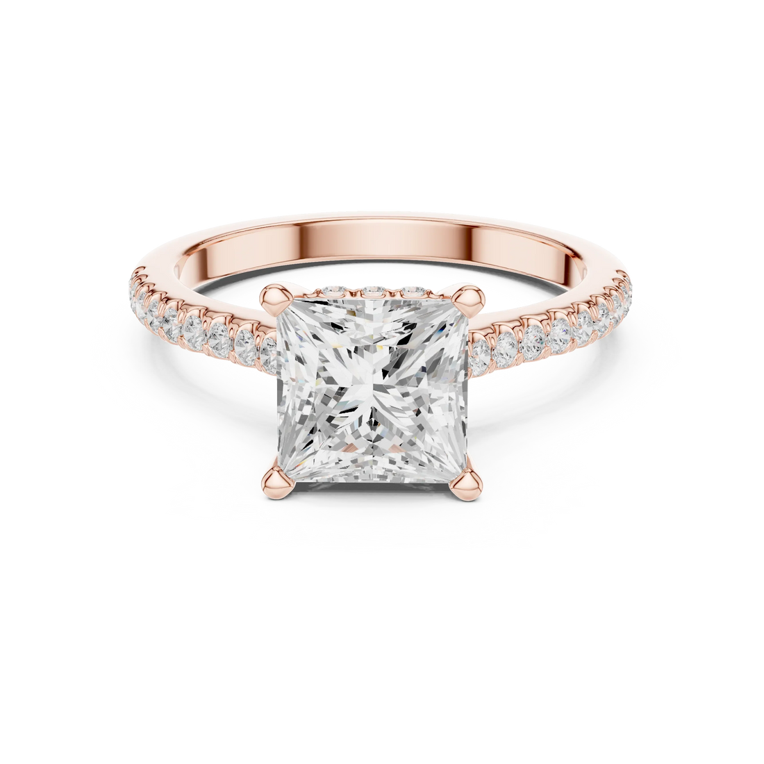 Princess-Cut Diamond Hidden Halo Engagement Ring with Pave Band