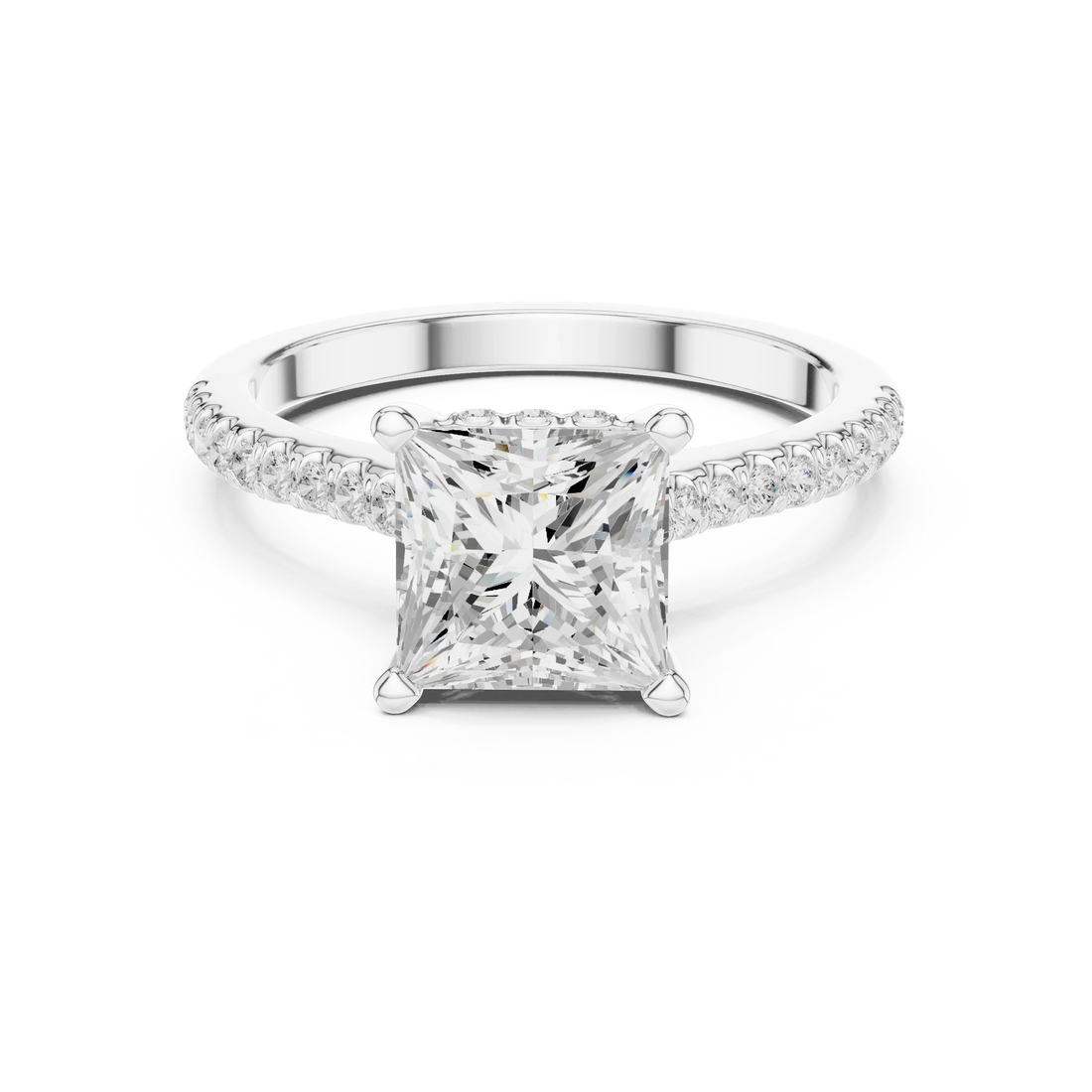 Princess-Cut Diamond Hidden Halo Engagement Ring with Pave Band