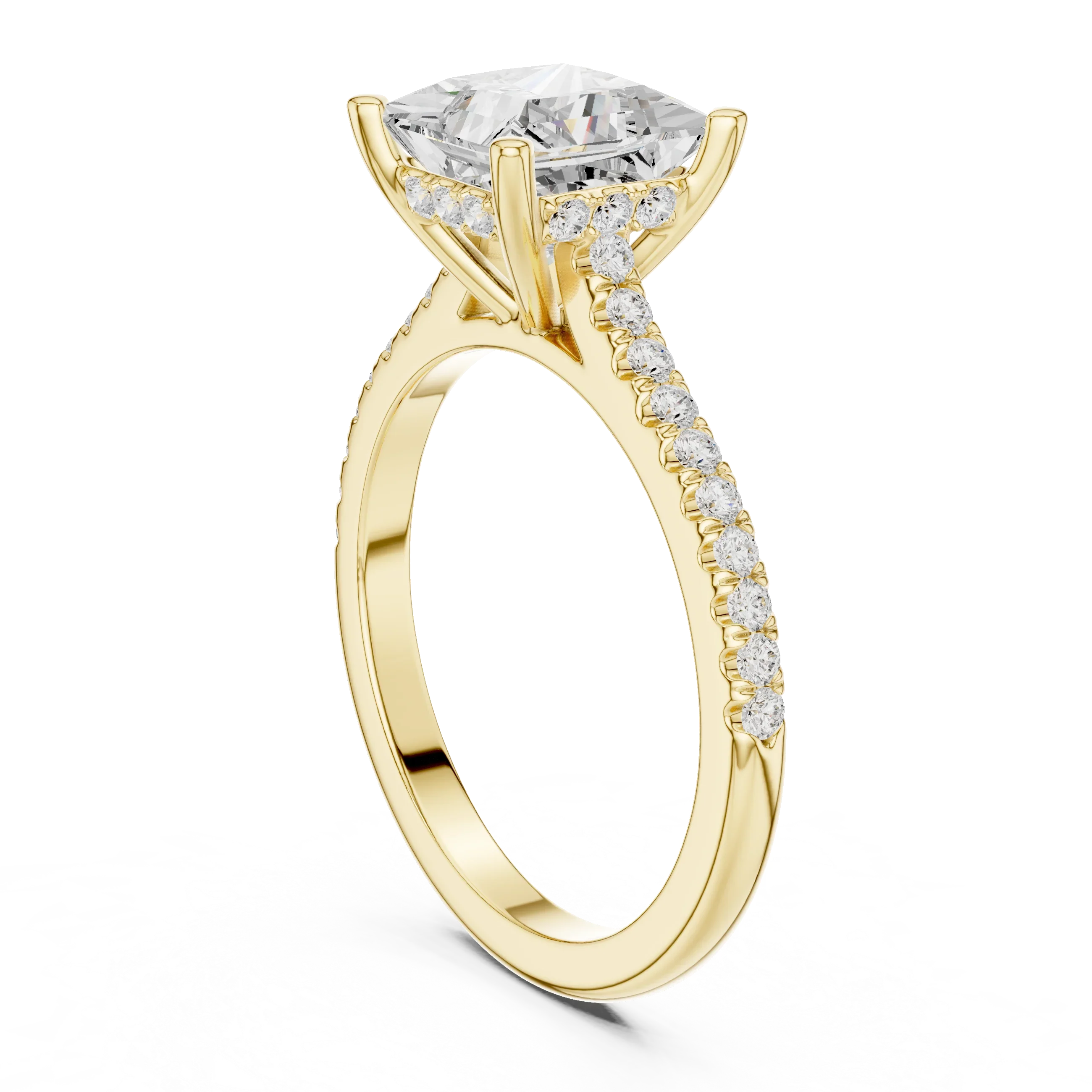 Princess-Cut Diamond Hidden Halo Engagement Ring with Pave Band