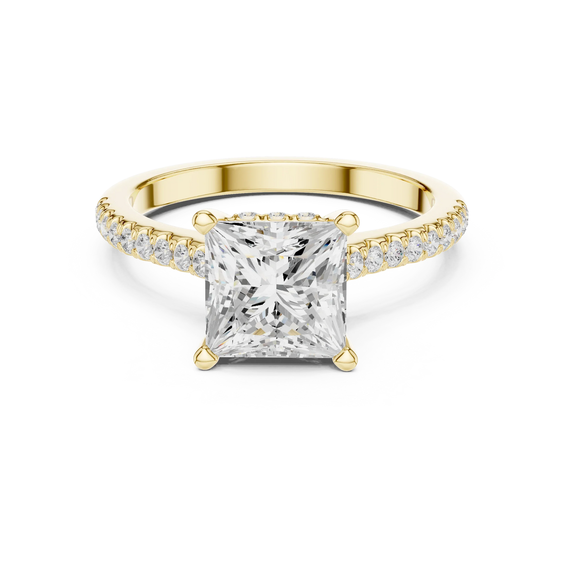 Princess-Cut Diamond Hidden Halo Engagement Ring with Pave Band