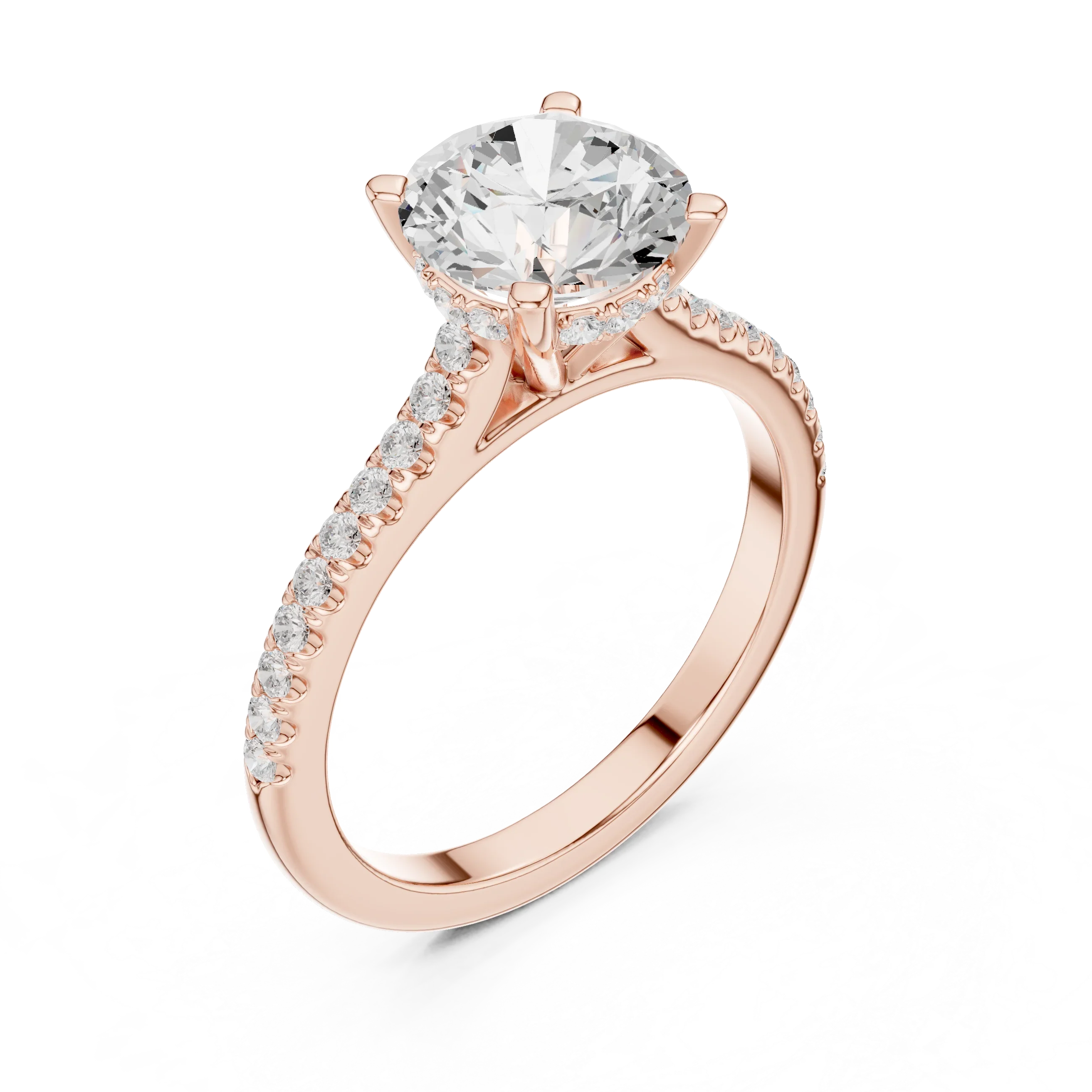 Round-Cut Diamond Hidden Halo Engagement Ring with Pave Band