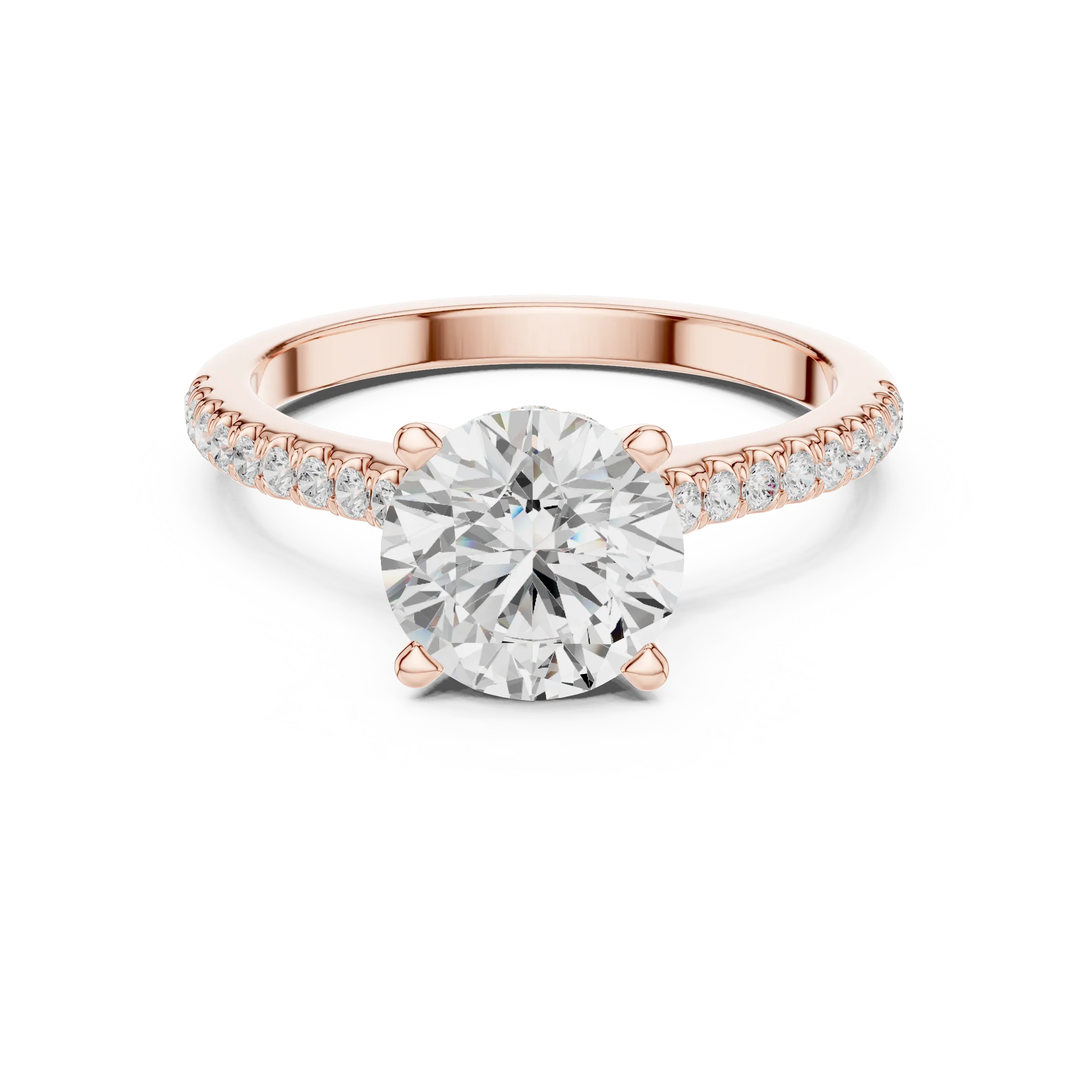 Round-Cut Diamond Hidden Halo Engagement Ring with Pave Band