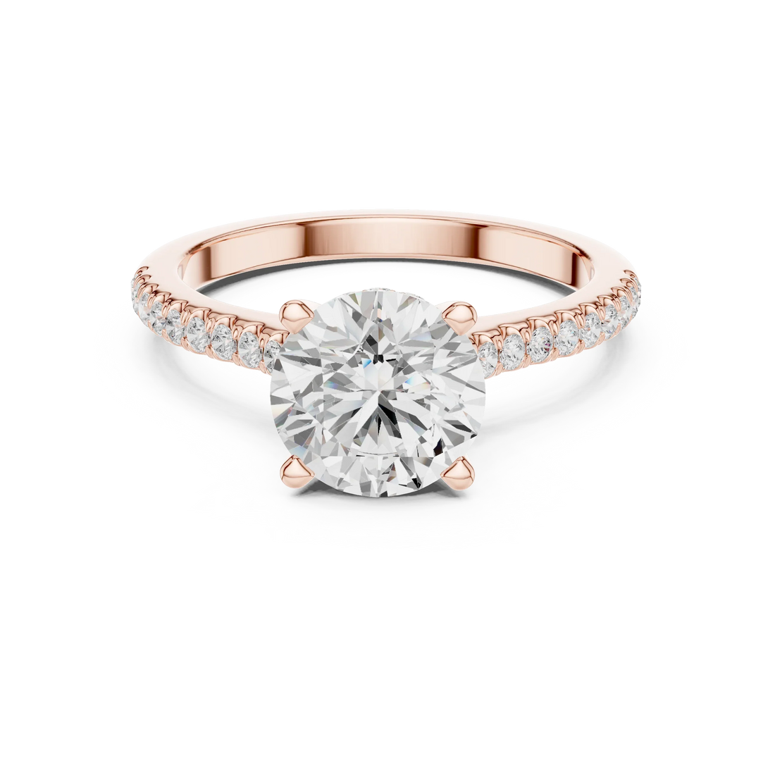 Round-Cut Diamond Hidden Halo Engagement Ring with Pave Band
