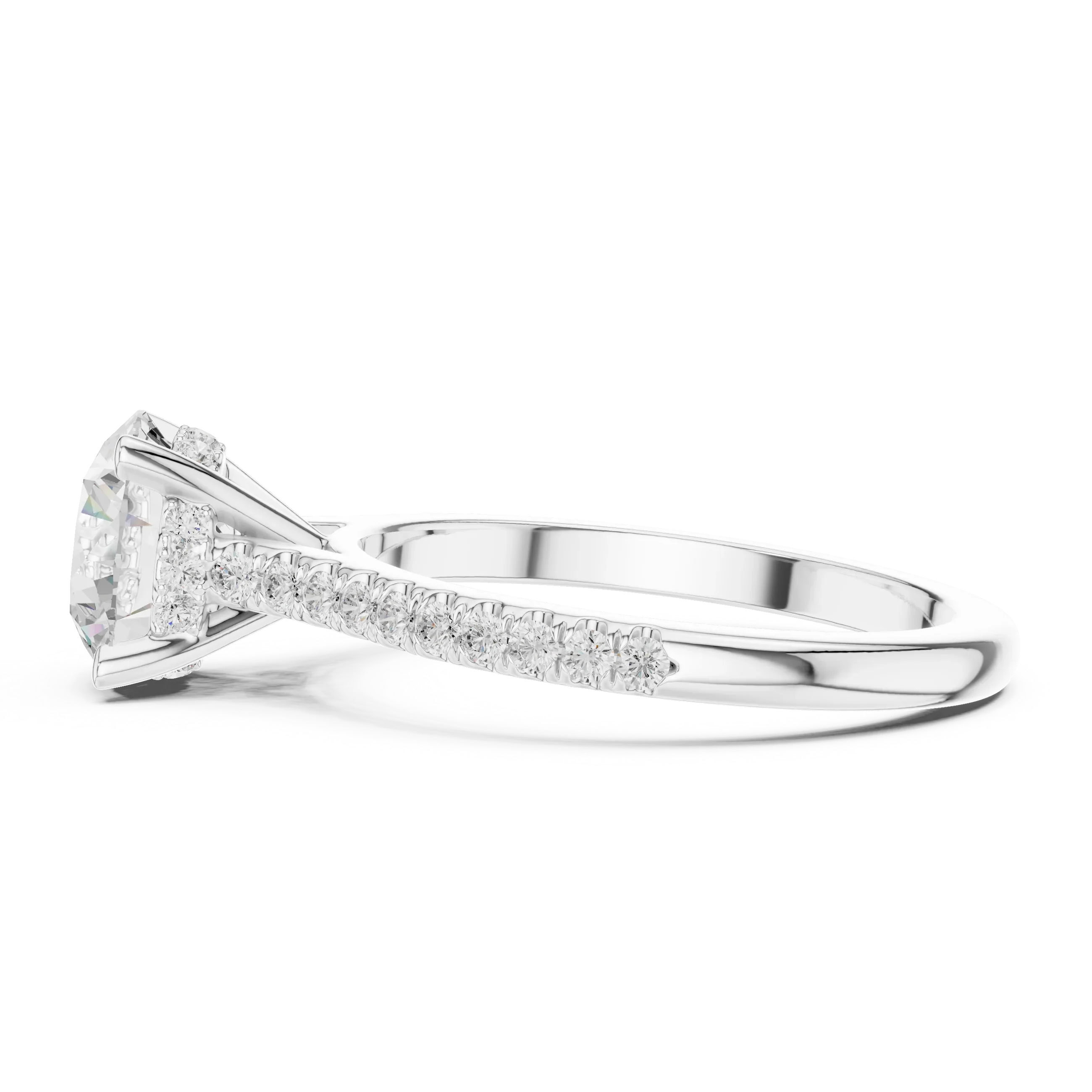 Round-Cut Diamond Hidden Halo Engagement Ring with Pave Band