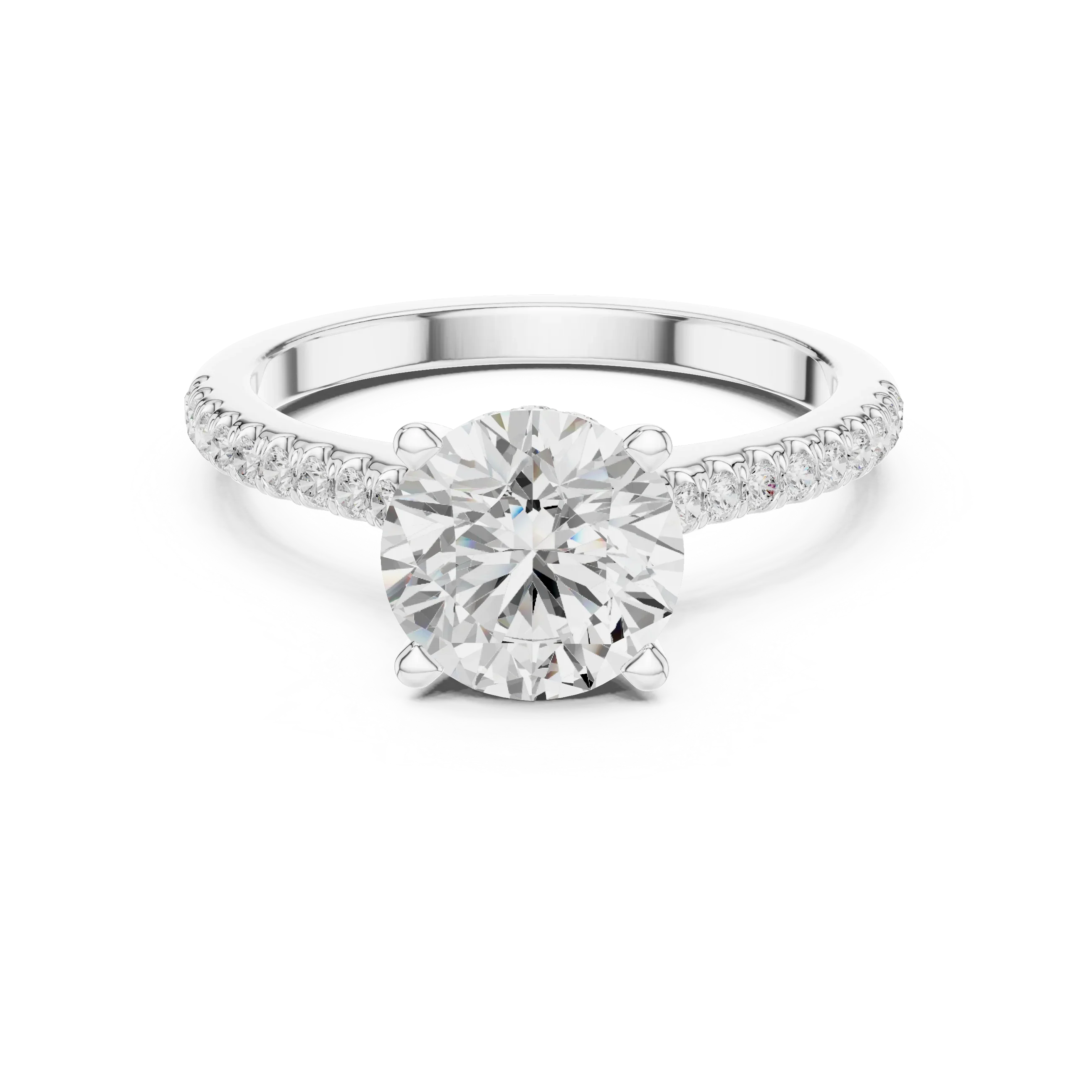 Round-Cut Diamond Hidden Halo Engagement Ring with Pave Band