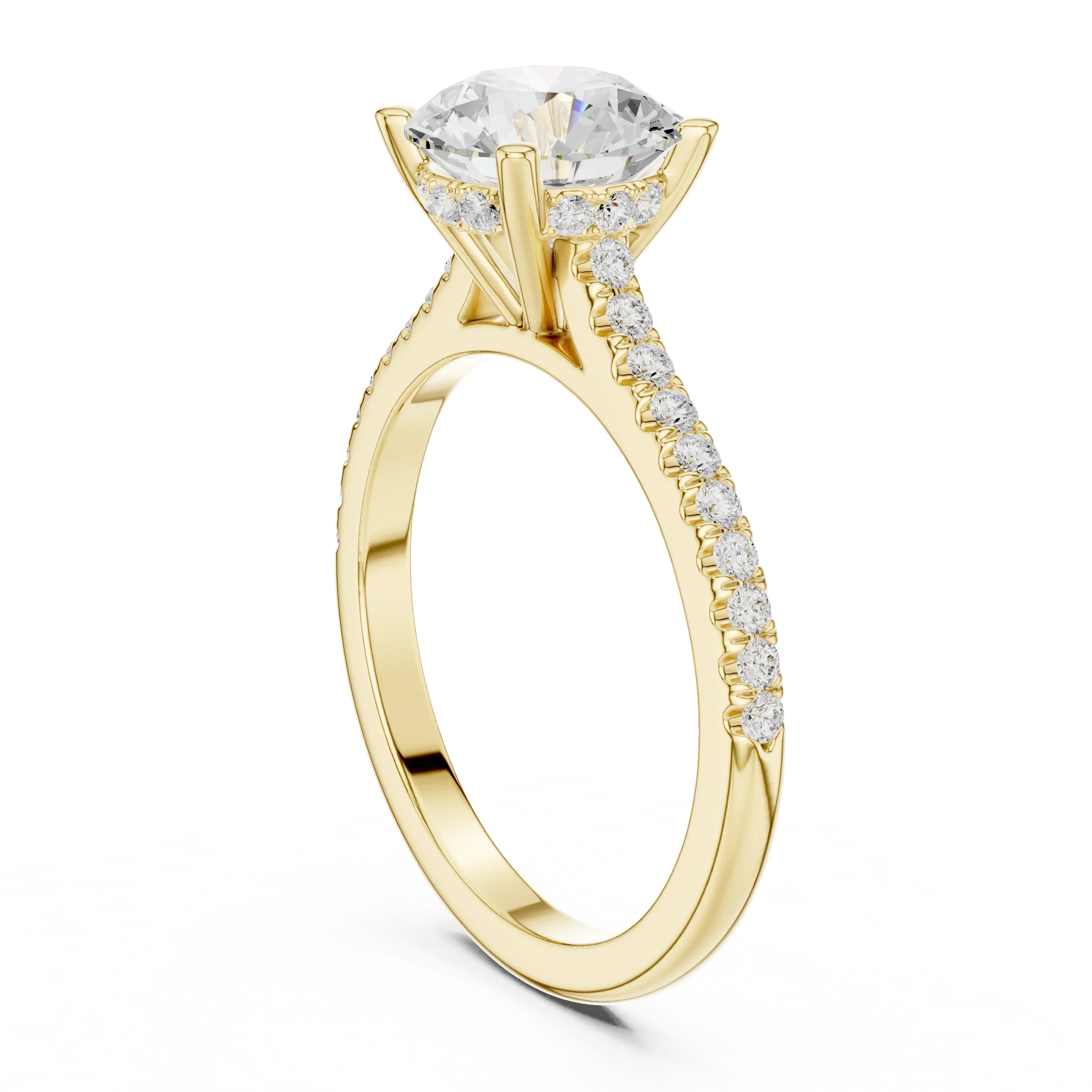 Round-Cut Diamond Hidden Halo Engagement Ring with Pave Band