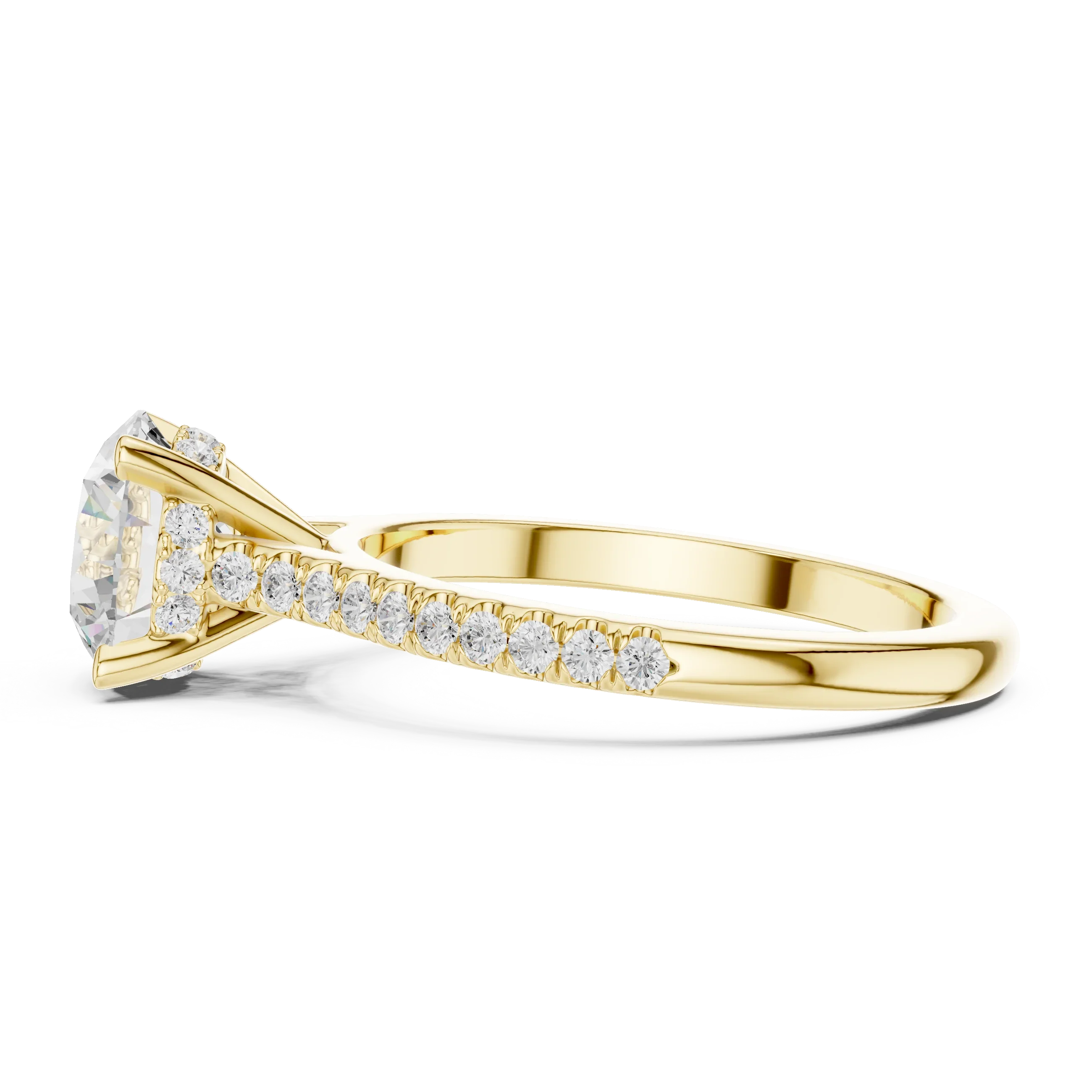 Round-Cut Diamond Hidden Halo Engagement Ring with Pave Band