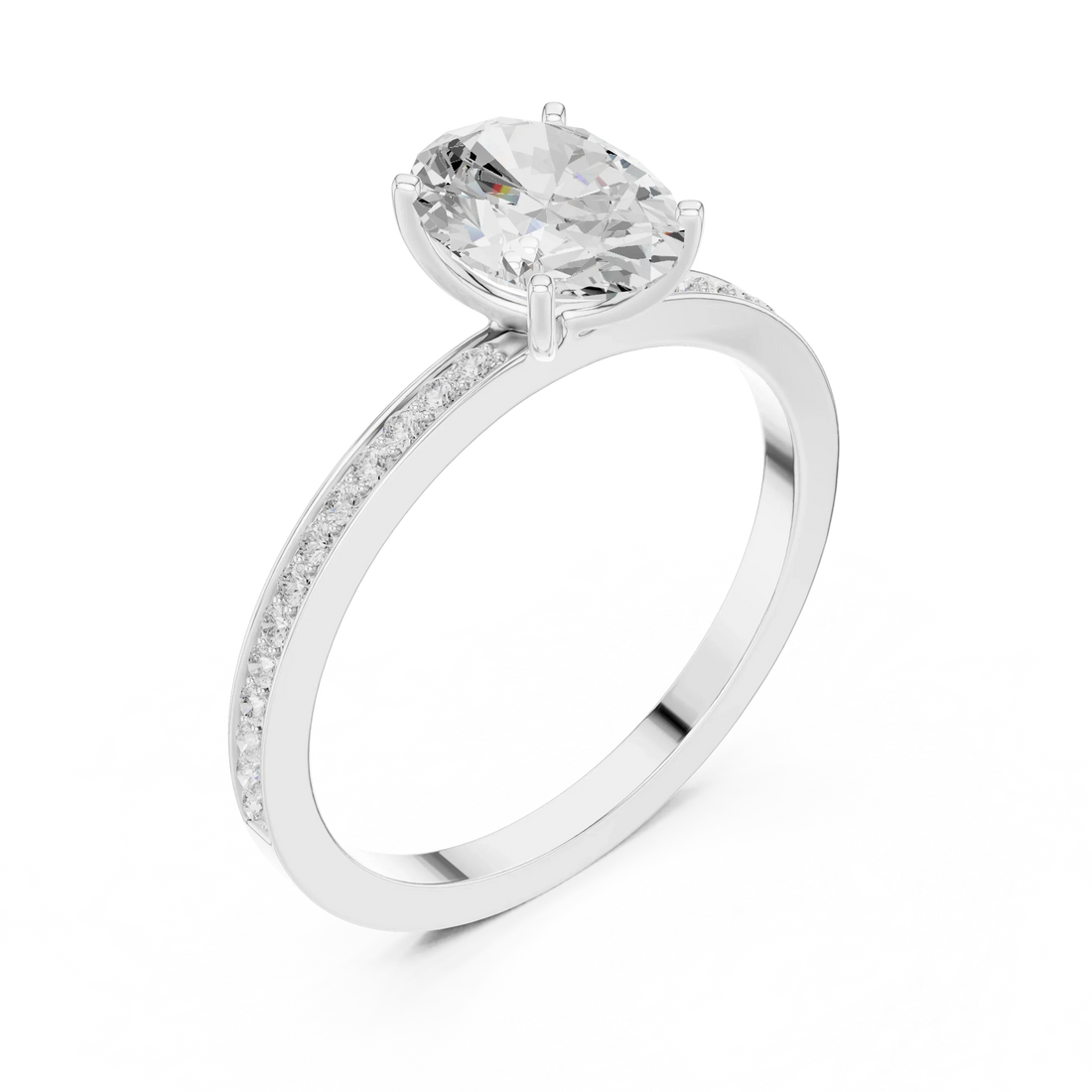 Oval-Cut Diamond Hidden Halo Engagement Ring with Pave Band