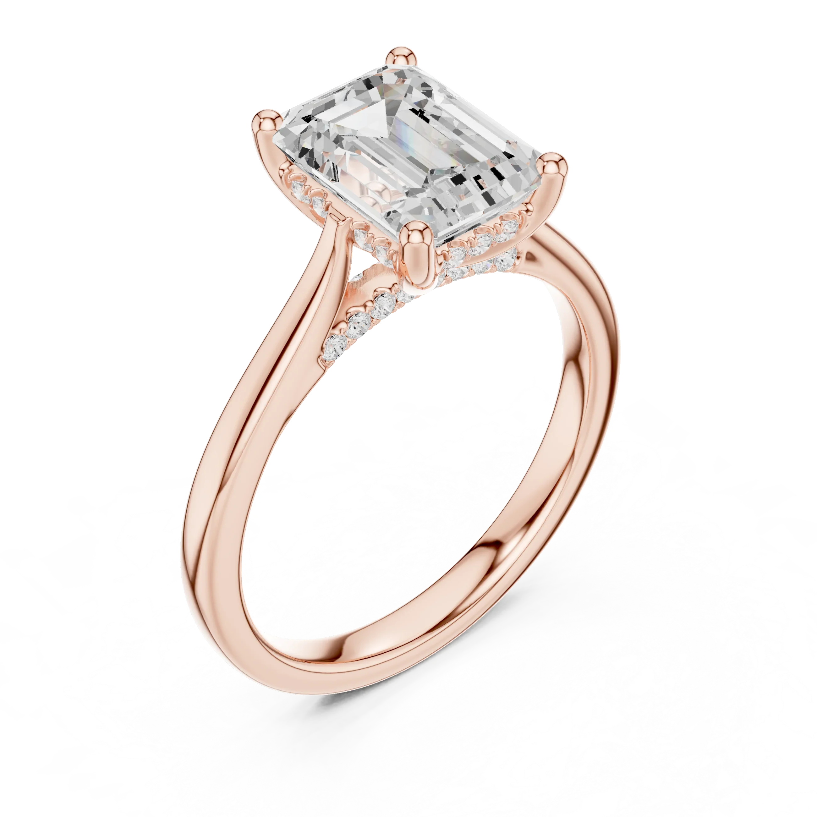 Emerald Cut Diamond Hidden Halo Engagement Ring With Cathedral Pave