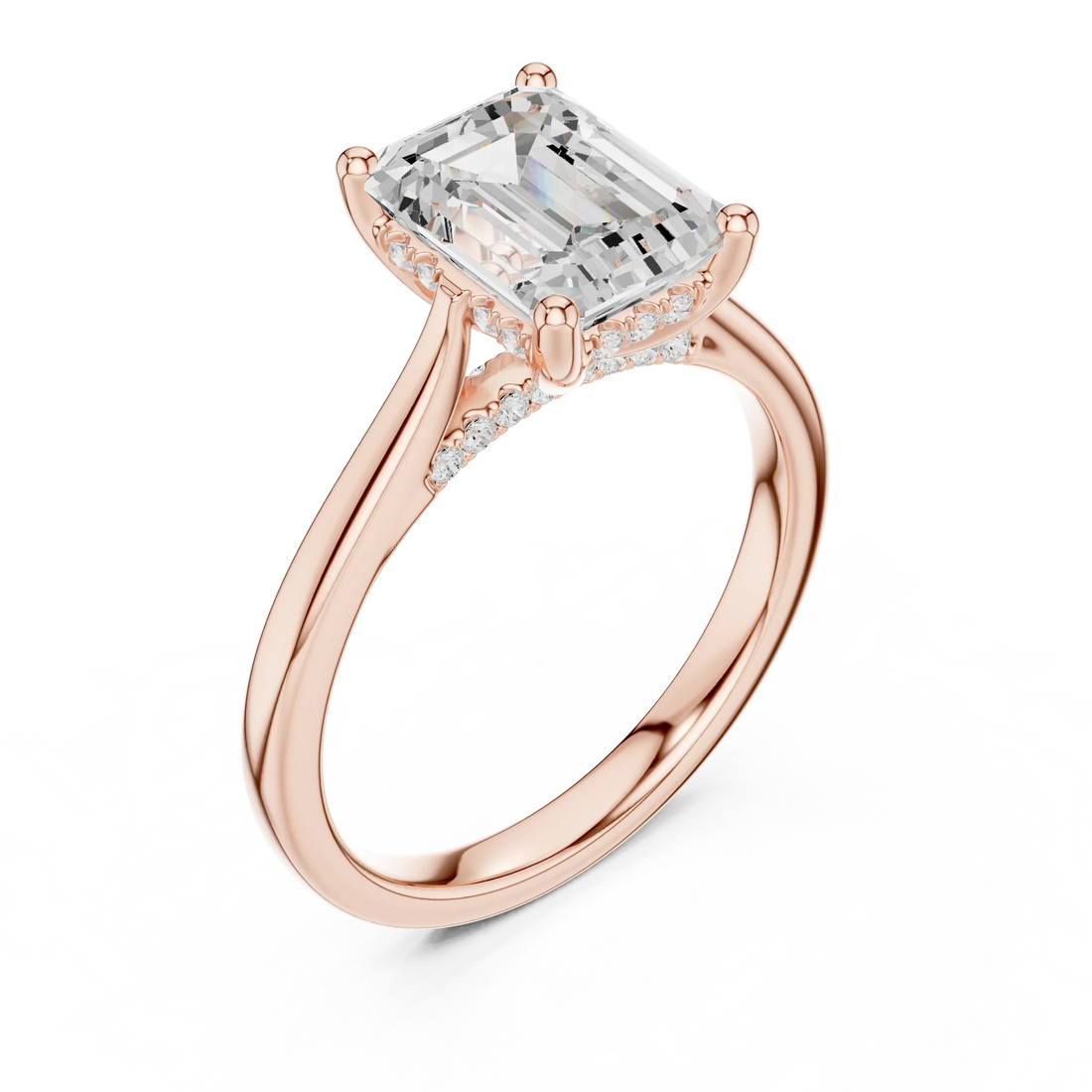 Emerald Cut Diamond Hidden Halo Engagement Ring With Cathedral Pave
