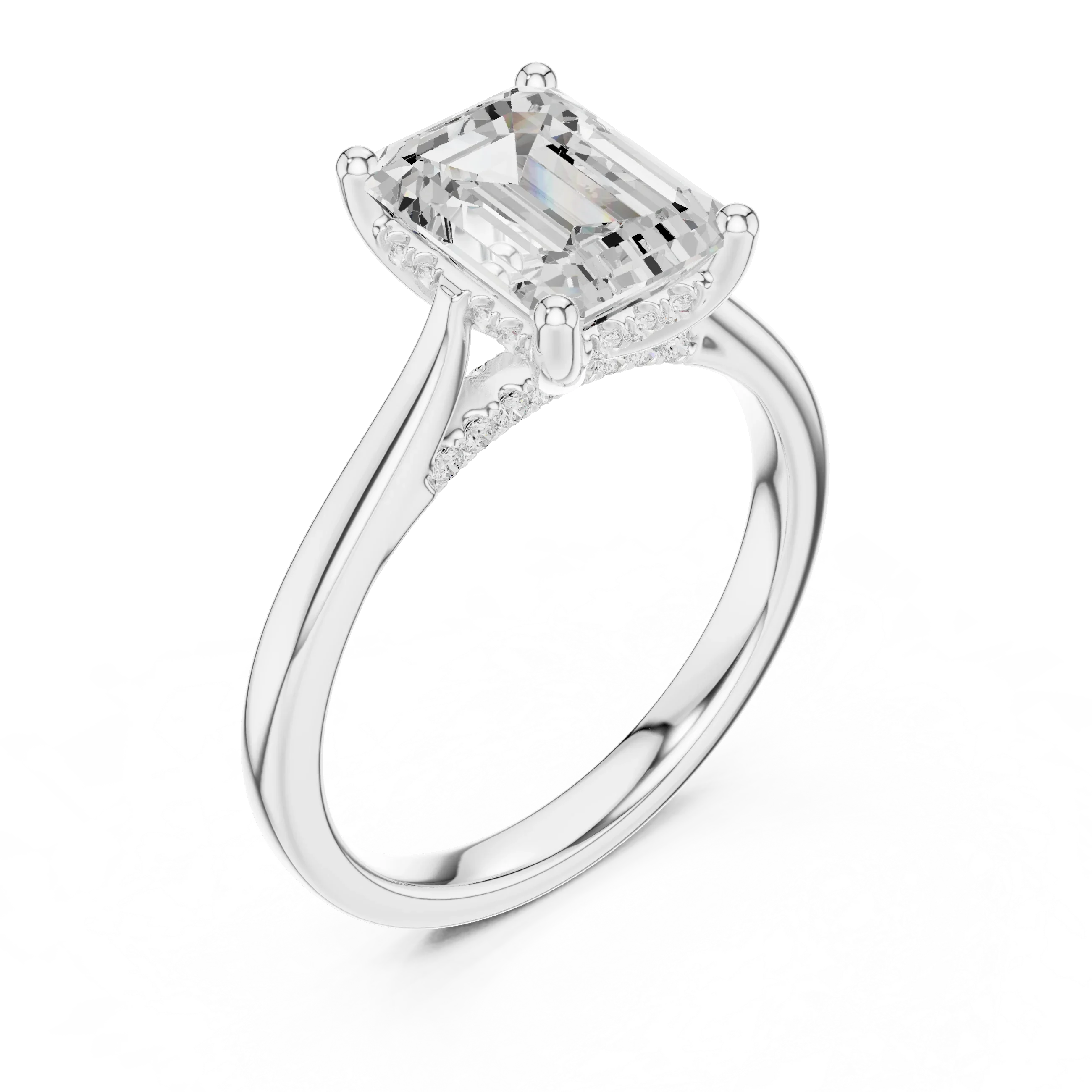 Emerald Cut Diamond Hidden Halo Engagement Ring With Cathedral Pave