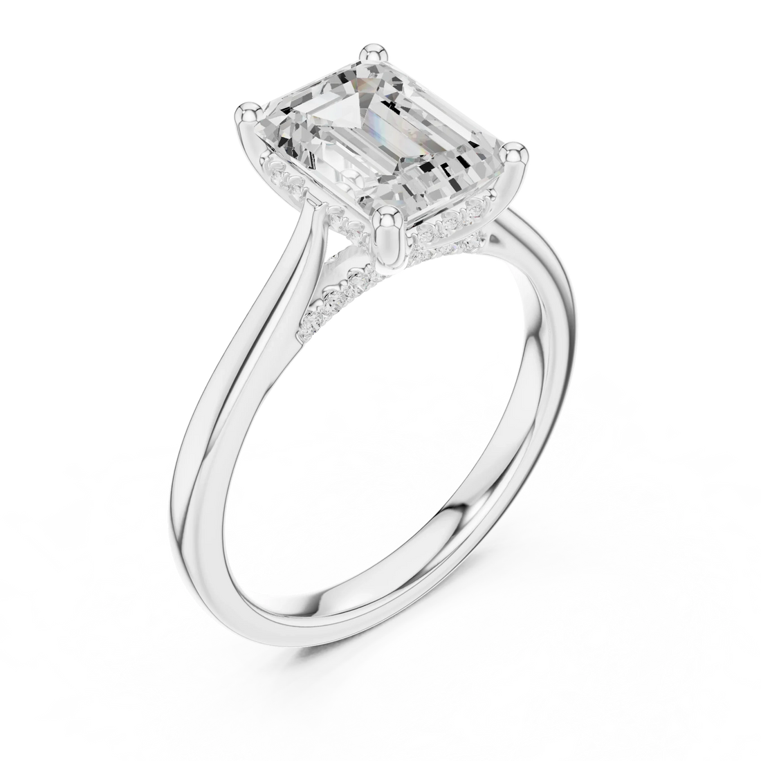 Emerald Cut Diamond Hidden Halo Engagement Ring With Cathedral Pave