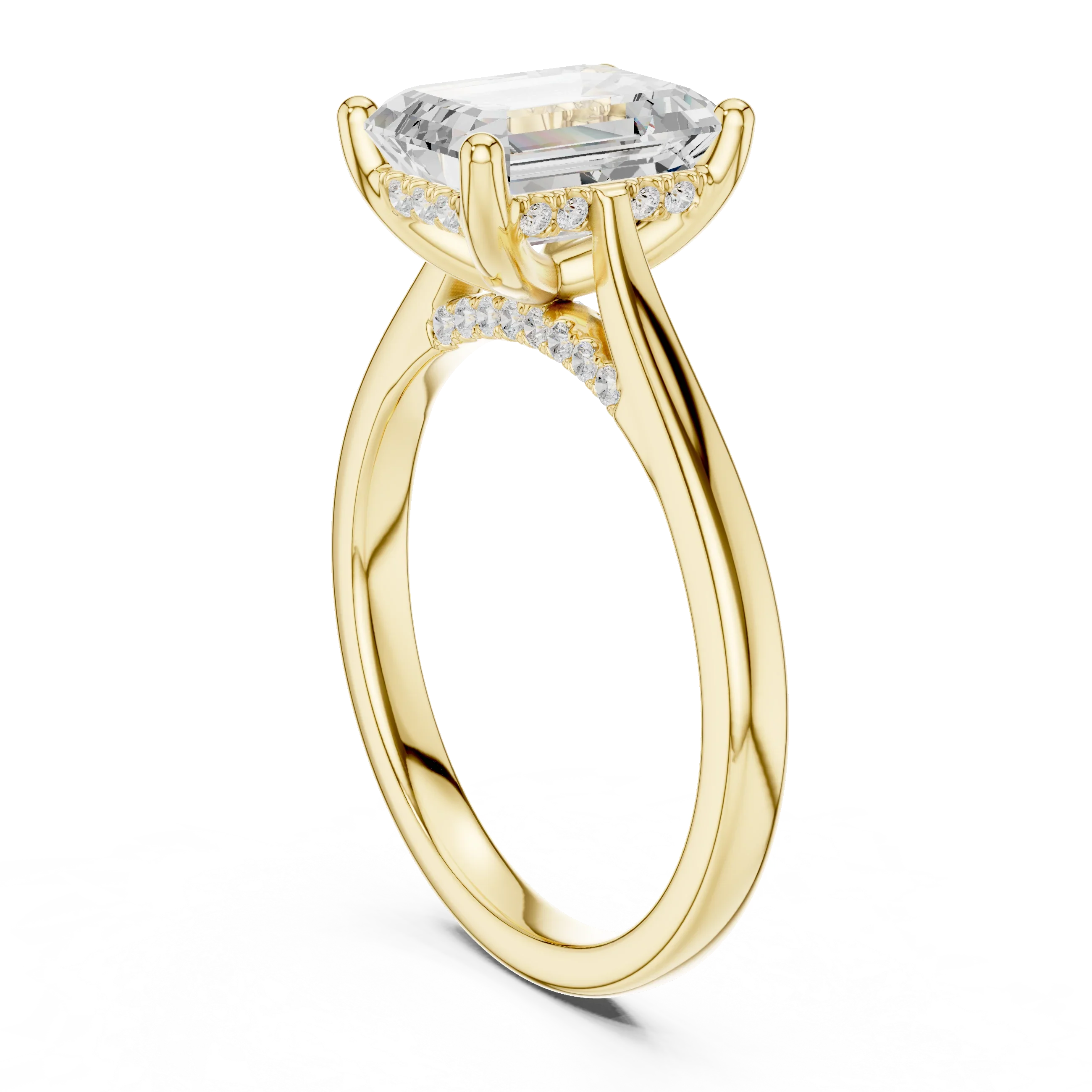 Emerald Cut Diamond Hidden Halo Engagement Ring With Cathedral Pave
