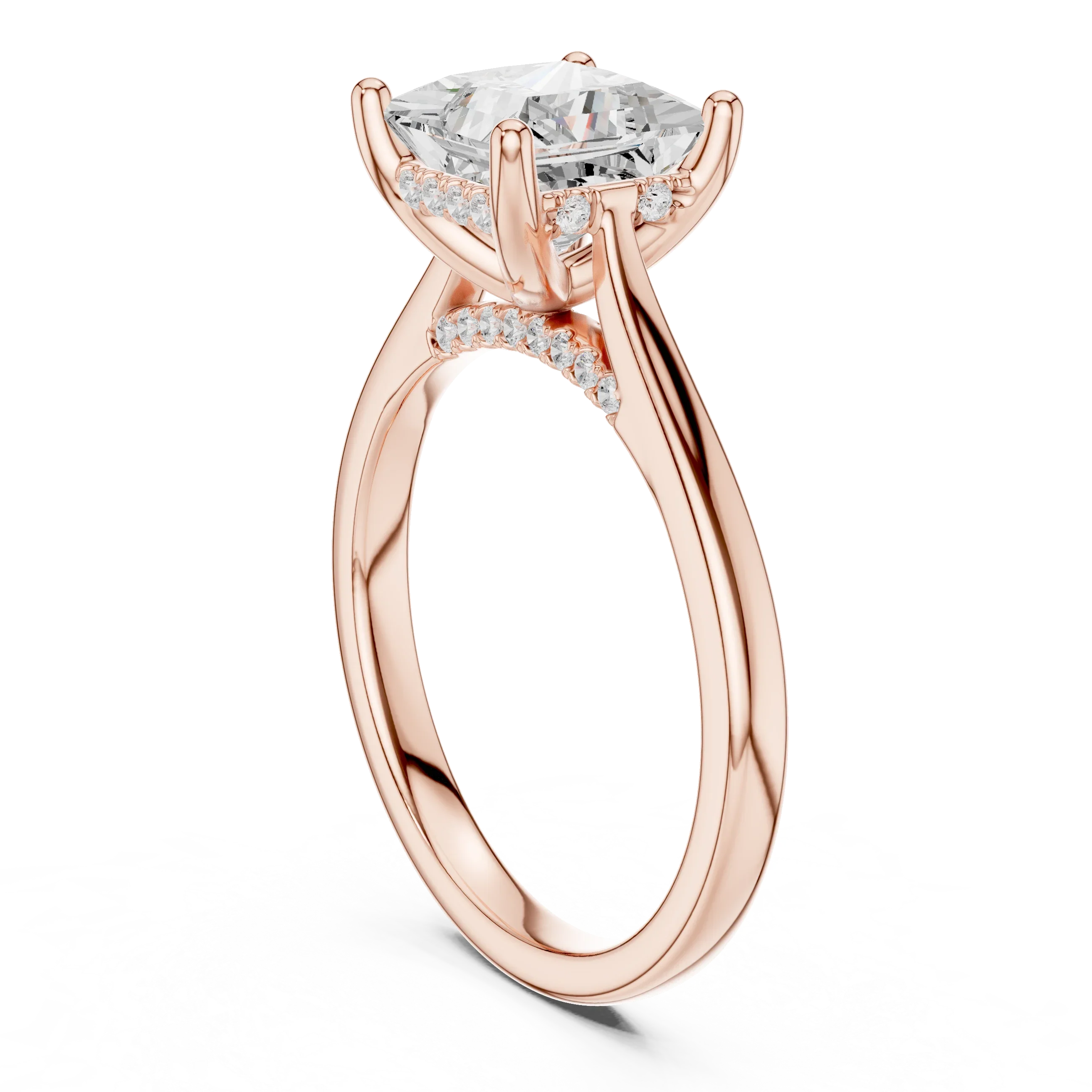 Princess Cut Diamond Hidden Halo Engagement Ring With Cathedral Pave