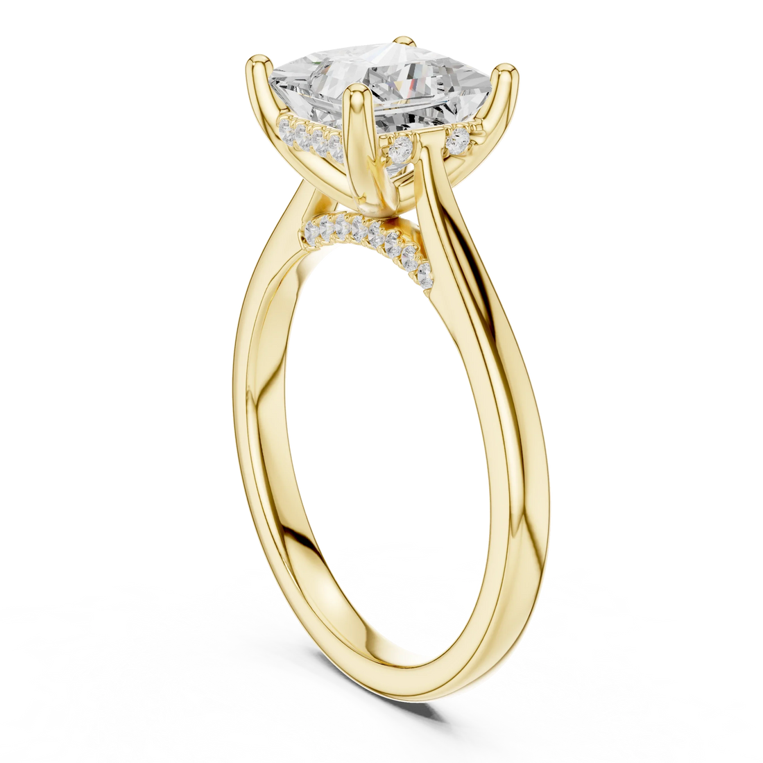 Princess Cut Diamond Hidden Halo Engagement Ring With Cathedral Pave