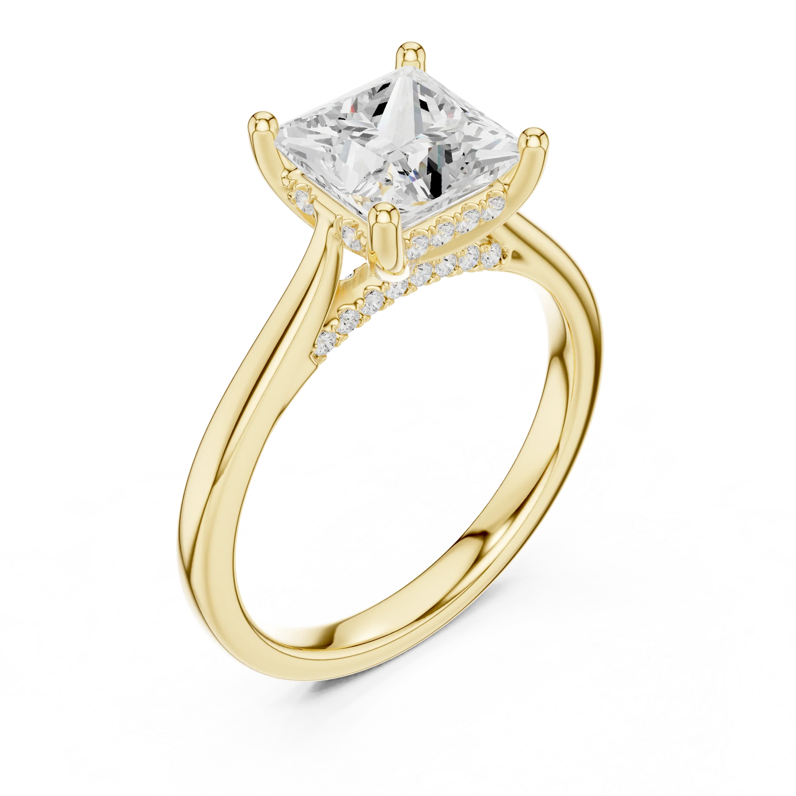 Princess Cut Diamond Hidden Halo Engagement Ring With Cathedral Pave