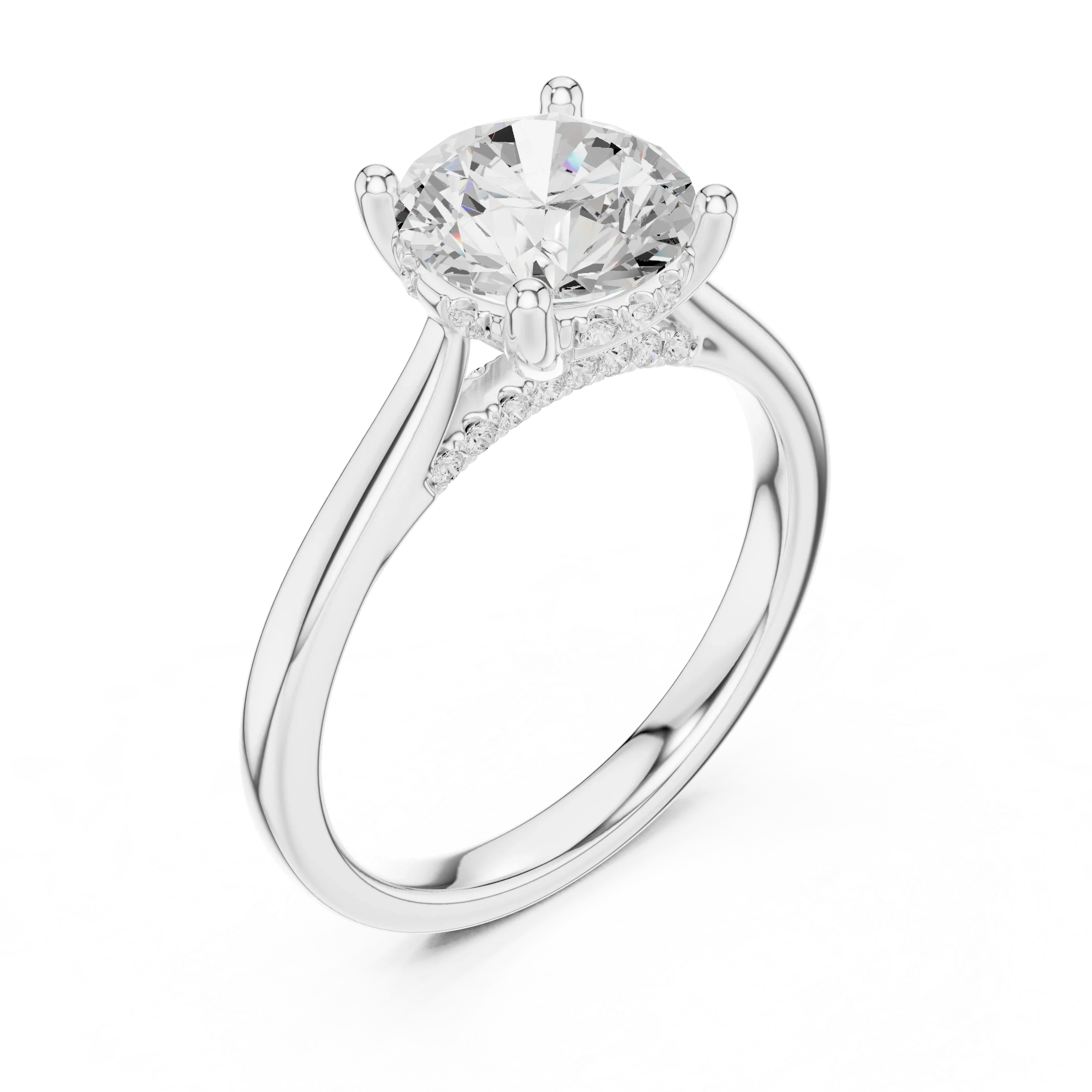 Round Cut Diamond Hidden Halo Engagement Ring With Cathedral Pave