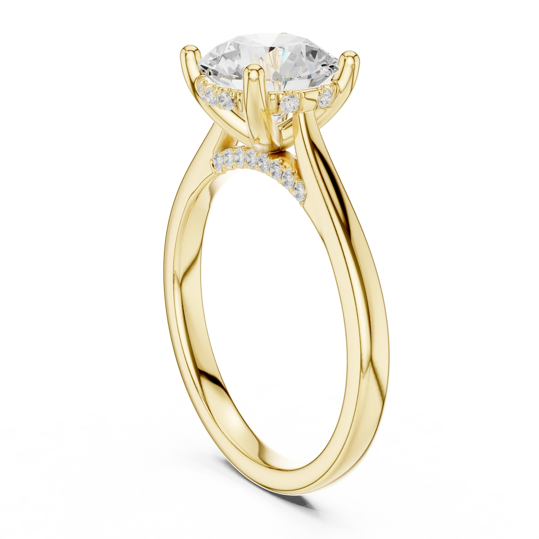 Round Cut Diamond Hidden Halo Engagement Ring With Cathedral Pave
