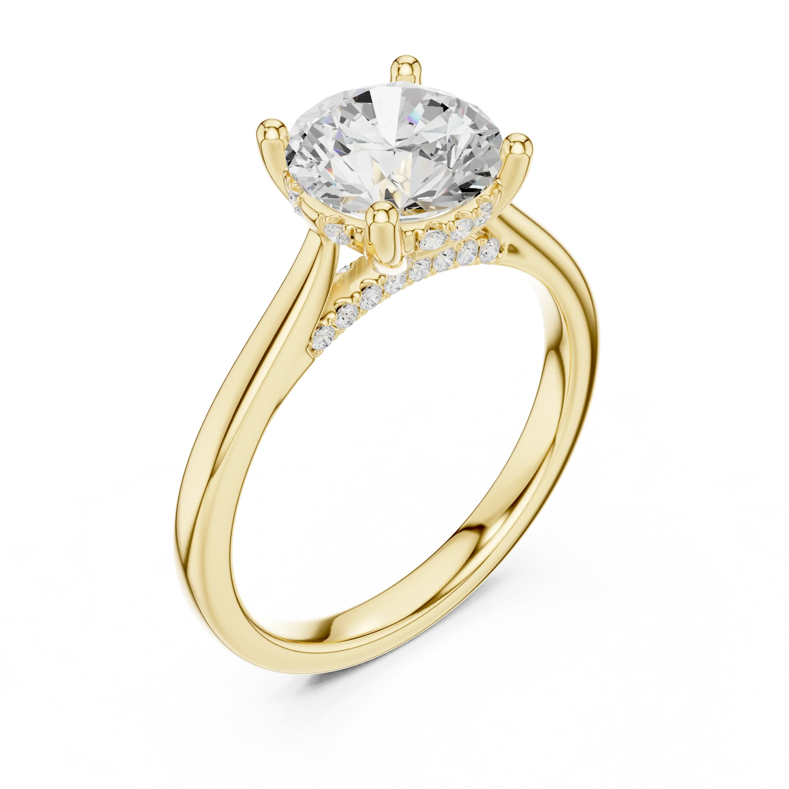 Round Cut Diamond Hidden Halo Engagement Ring With Cathedral Pave