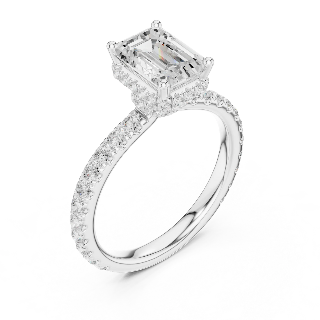 Emerald Cut Diamond Double Halo Pave Engagement Ring