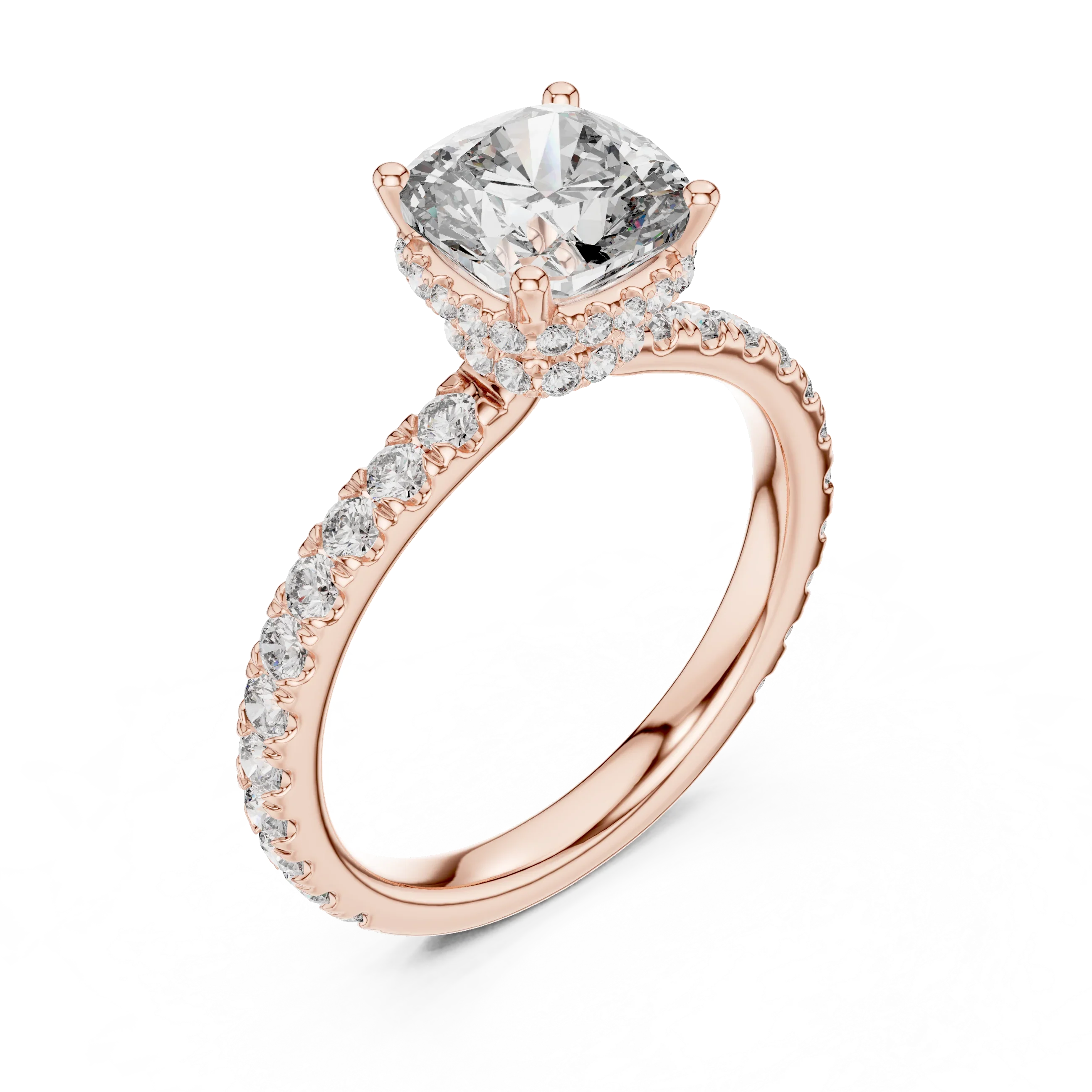 Cushion Brilliant Halo Diamond Engagement Ring with Pave Band