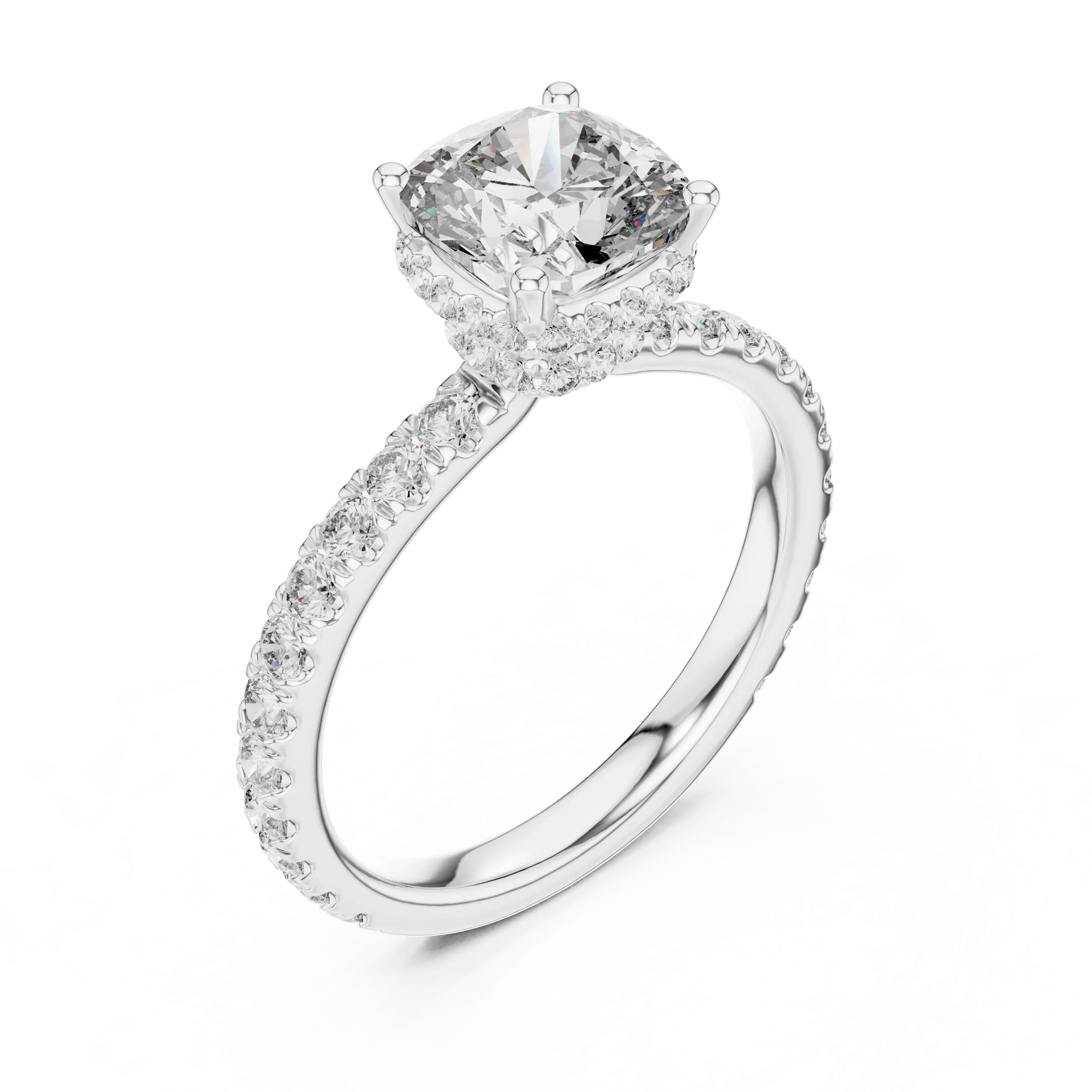 Cushion Brilliant Halo Diamond Engagement Ring with Pave Band
