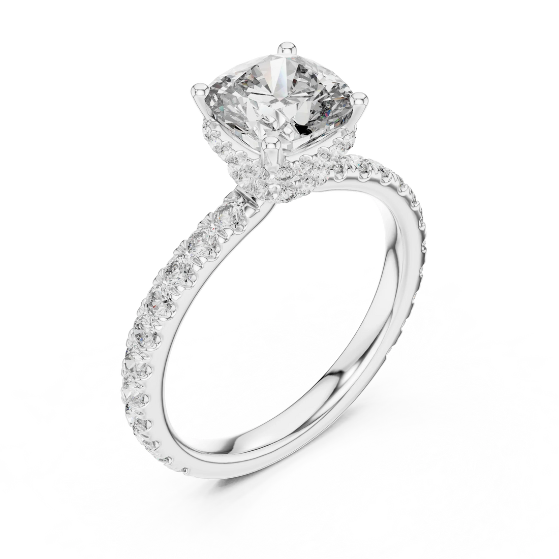 Cushion Brilliant Halo Diamond Engagement Ring with Pave Band