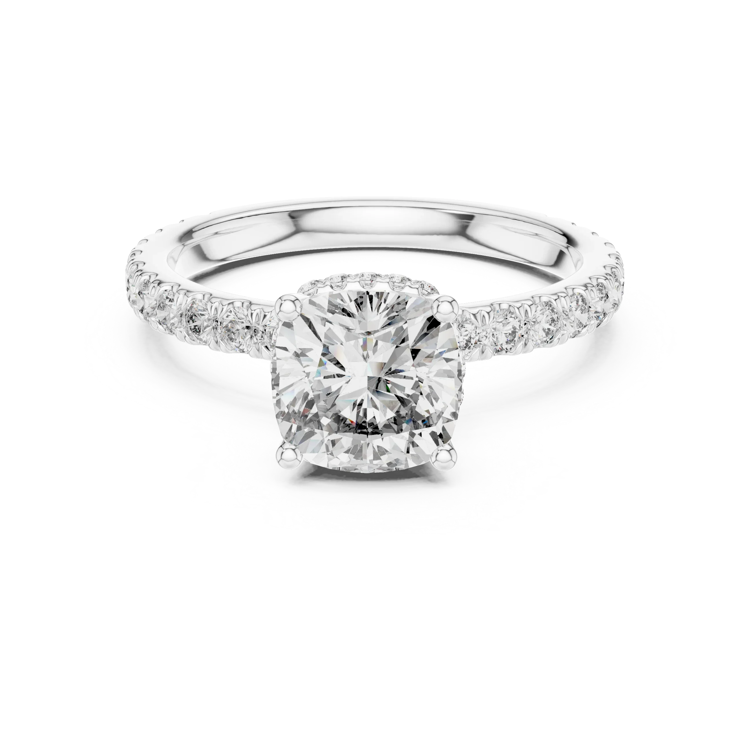 Cushion Brilliant Halo Diamond Engagement Ring with Pave Band