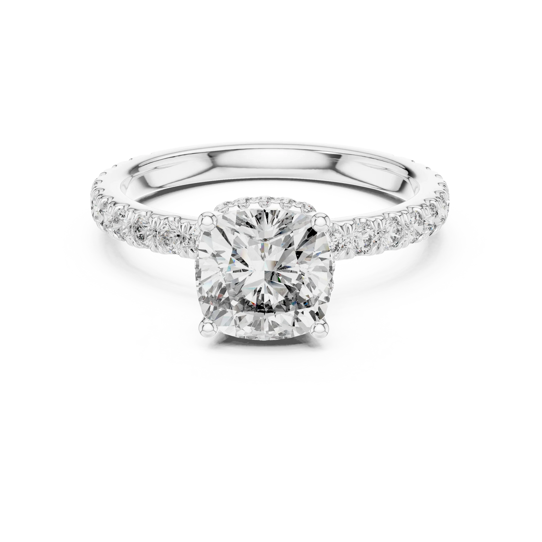 Cushion Brilliant Halo Diamond Engagement Ring with Pave Band