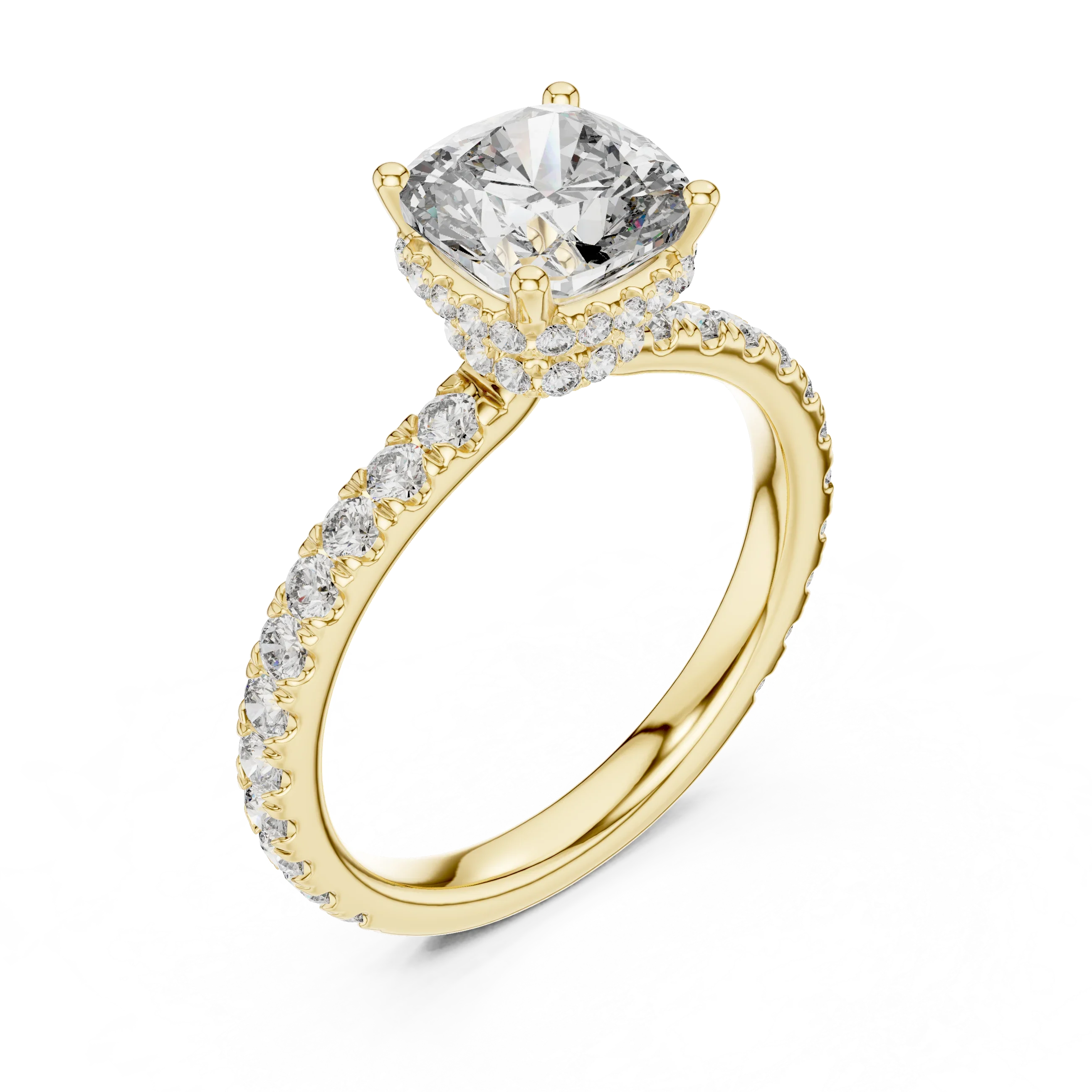 Cushion Brilliant Halo Diamond Engagement Ring with Pave Band