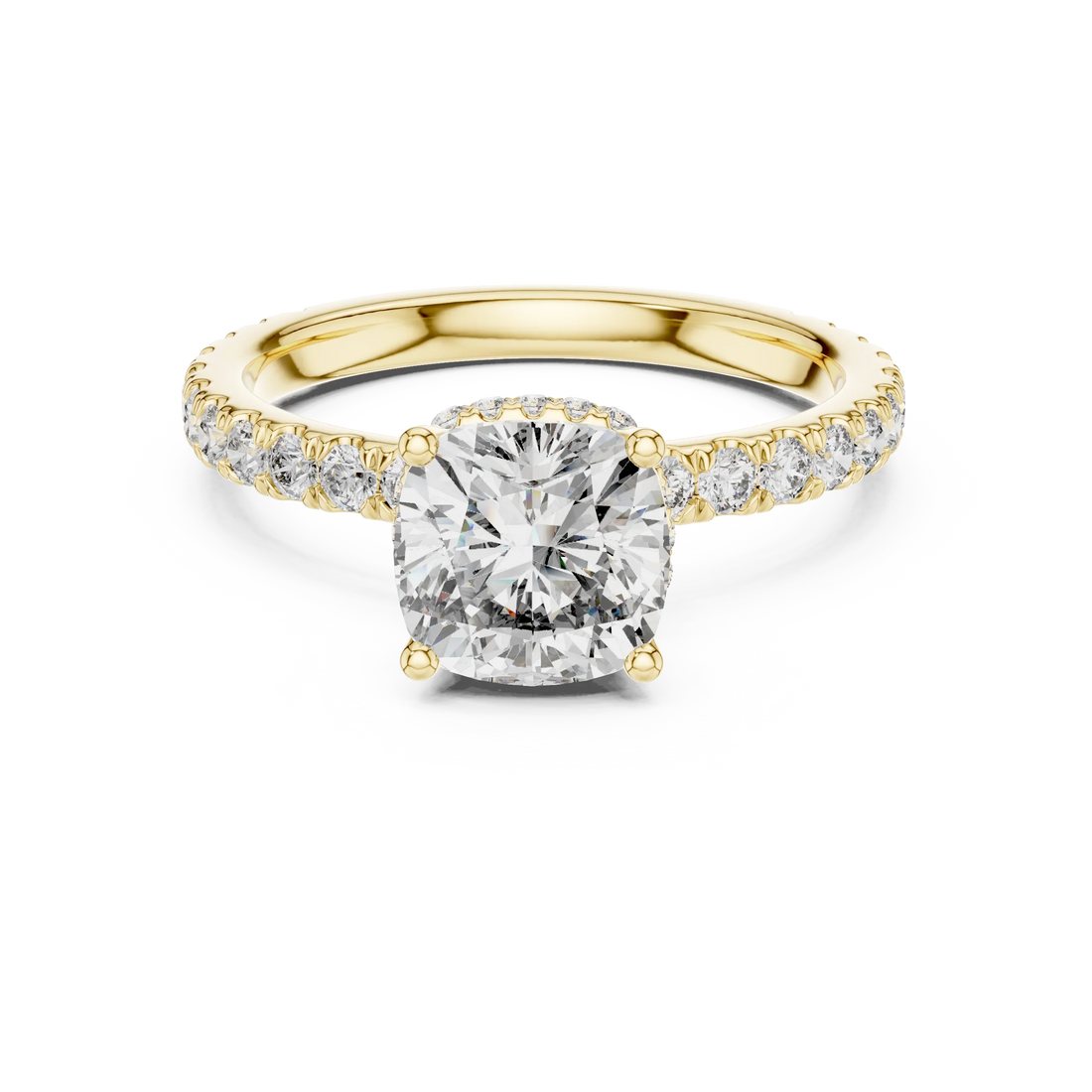 Cushion Brilliant Halo Diamond Engagement Ring with Pave Band