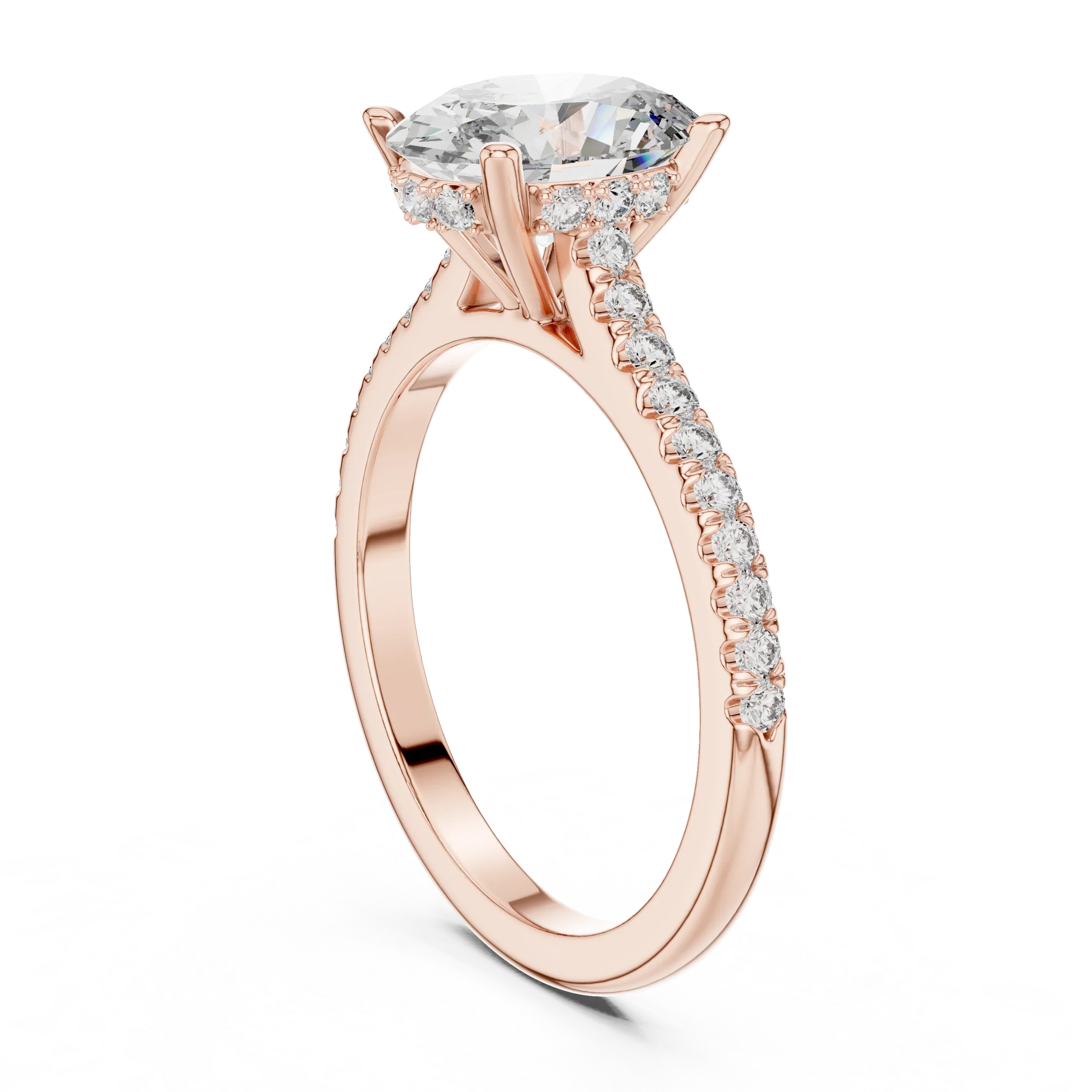Oval Brilliant Hidden Halo Diamond Engagement Ring with Pave Shank