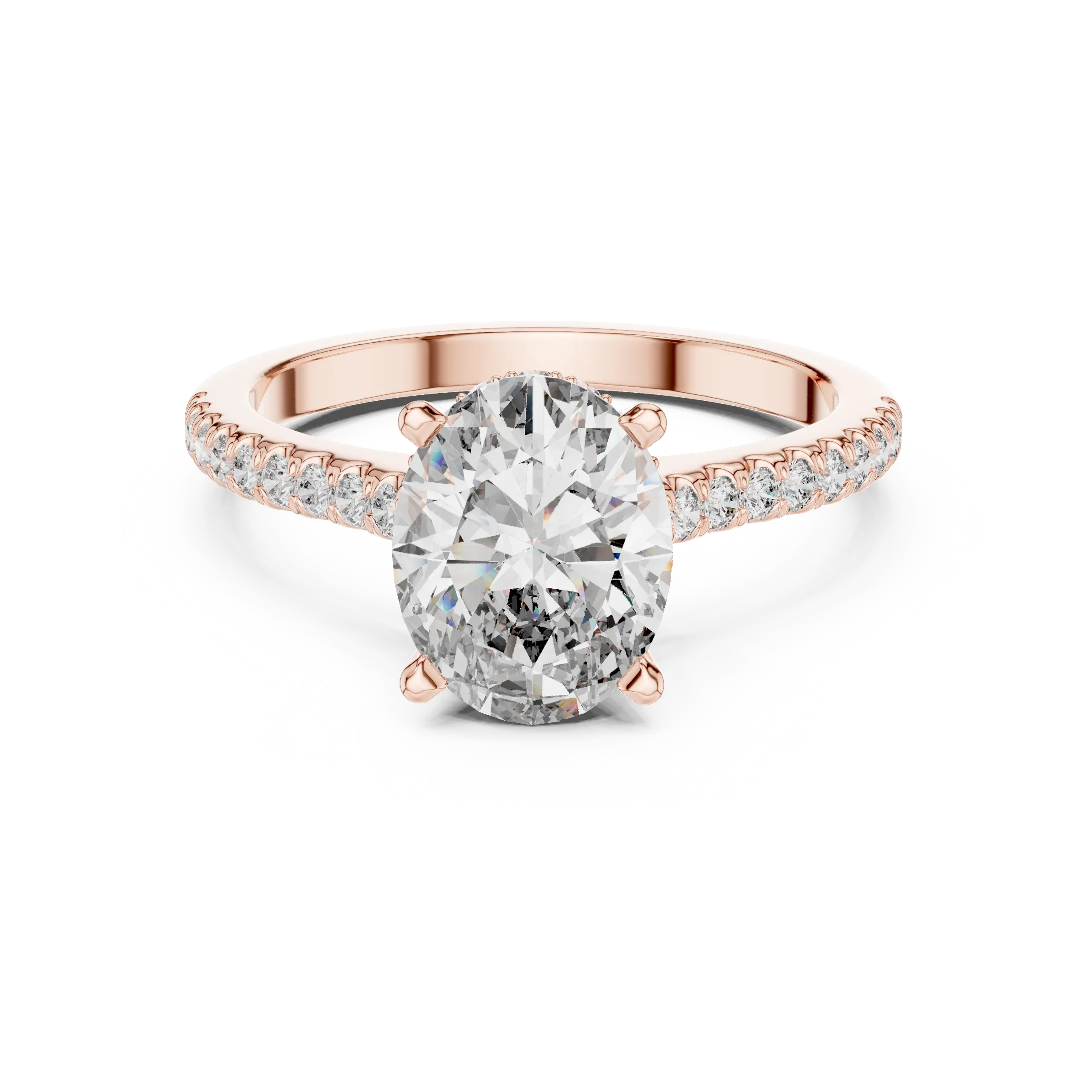 Oval Brilliant Hidden Halo Diamond Engagement Ring with Pave Shank
