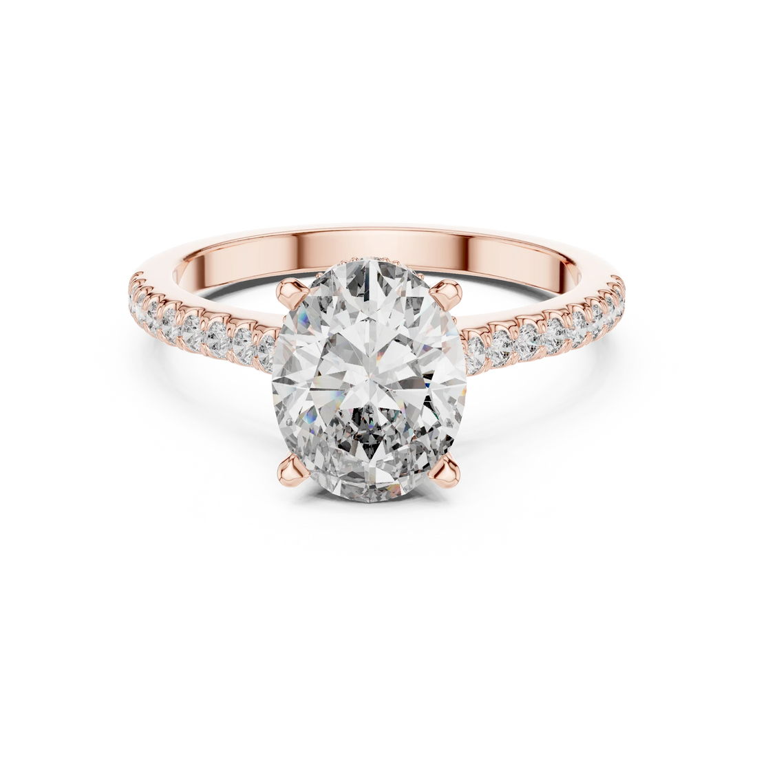 Oval Brilliant Hidden Halo Diamond Engagement Ring with Pave Shank