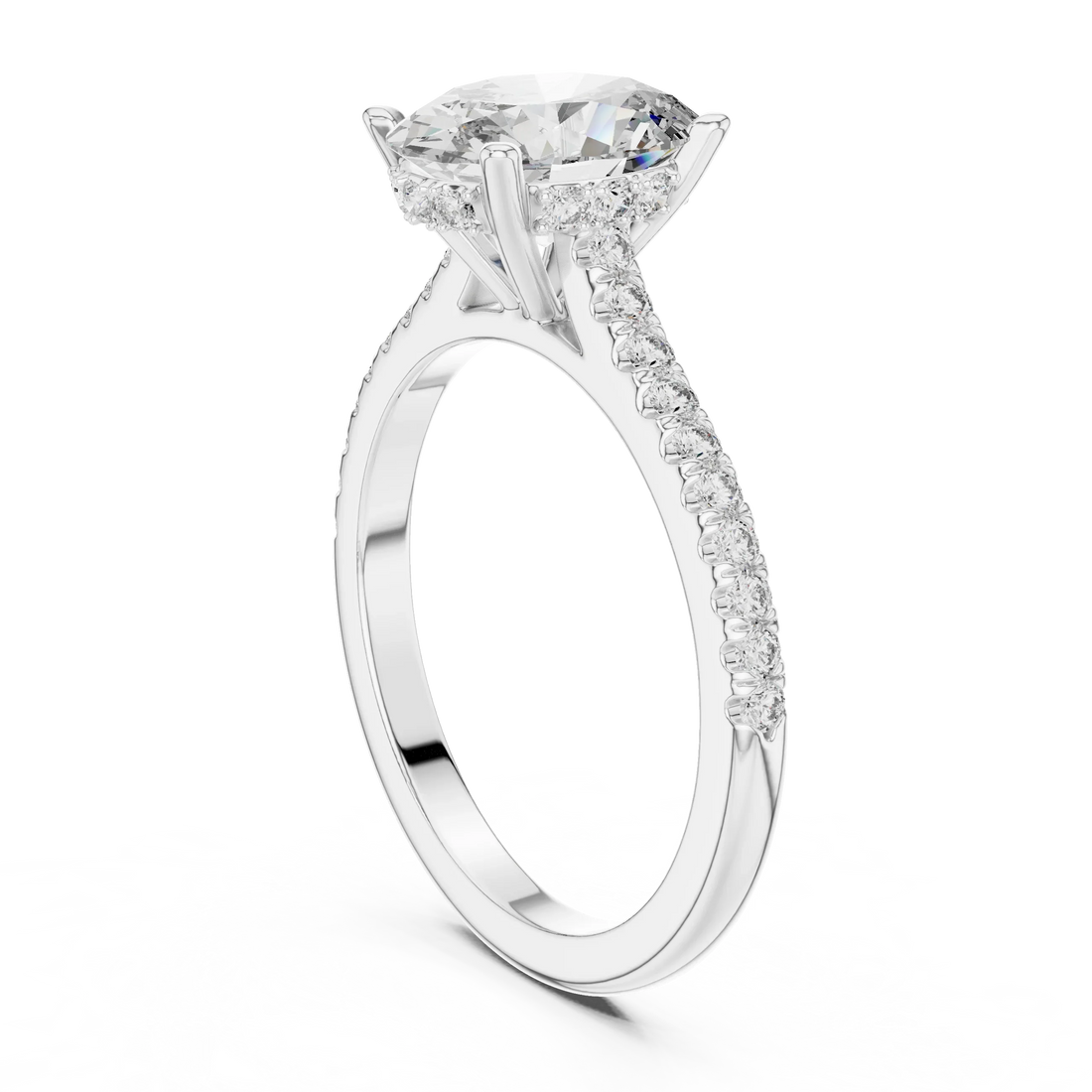 Oval Brilliant Hidden Halo Diamond Engagement Ring with Pave Shank