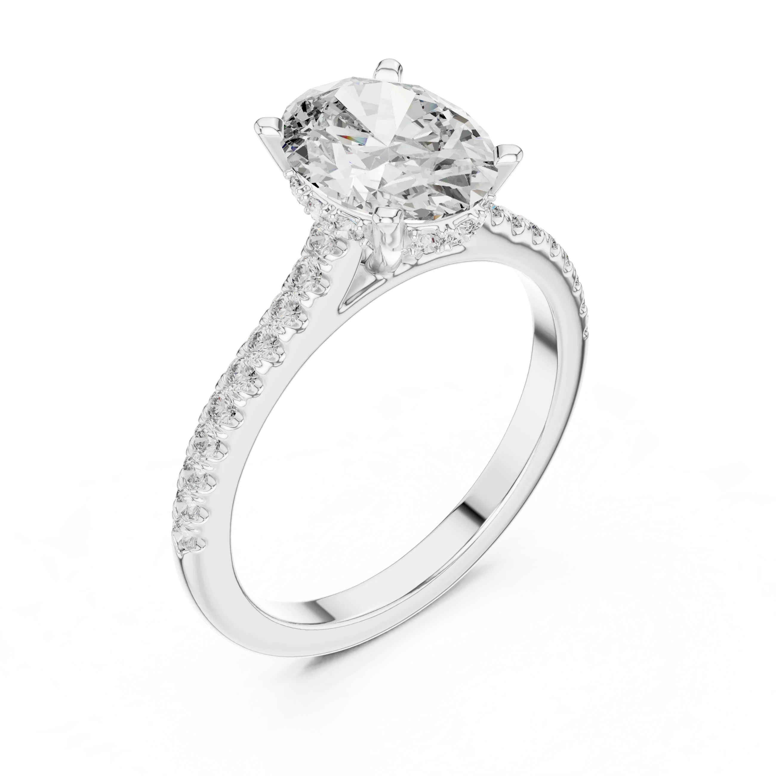 Oval Brilliant Hidden Halo Diamond Engagement Ring with Pave Shank