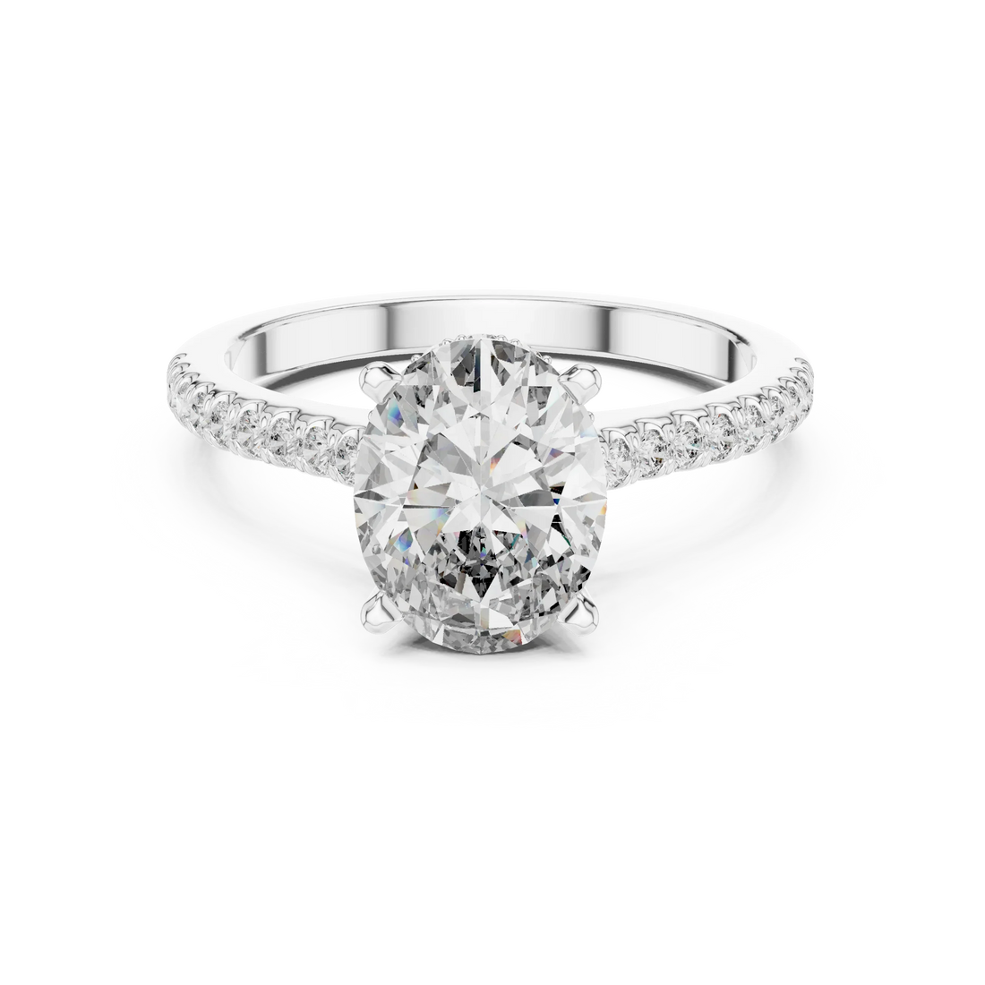 Oval Brilliant Hidden Halo Diamond Engagement Ring with Pave Shank